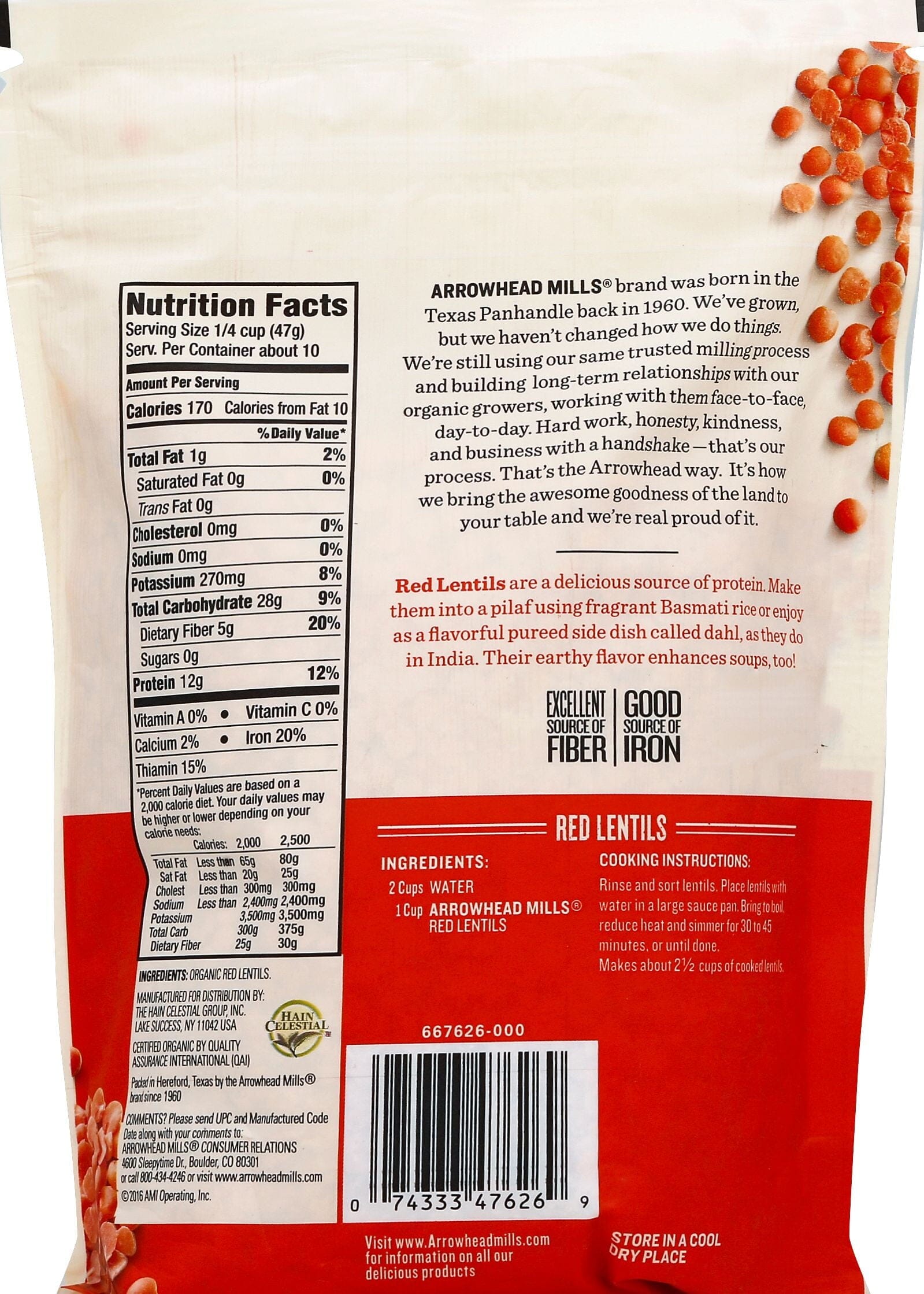 Arrowhead Mills Organic Red Lentils, 16 Oz Bag
