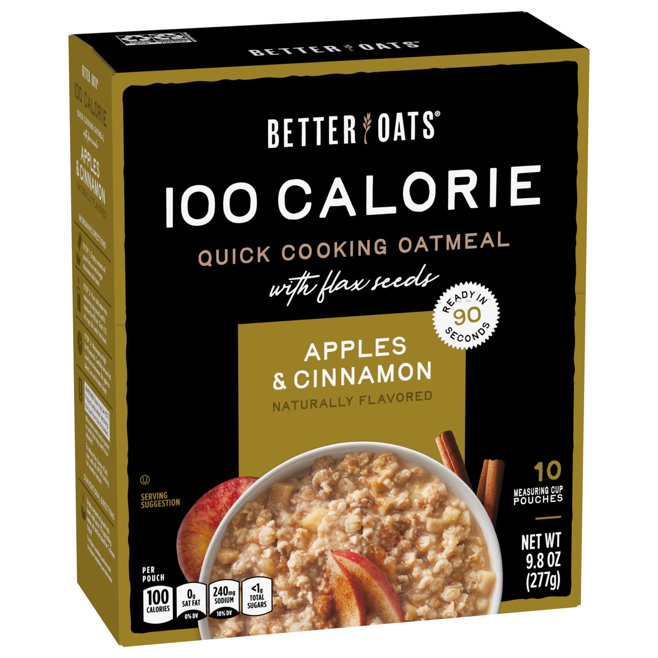 Better Oats 100 Calorie Apples and Cinnamon Oatmeal with Flax Seeds, 10 Instant Oatmeal Packets, 9.8 oz Pack