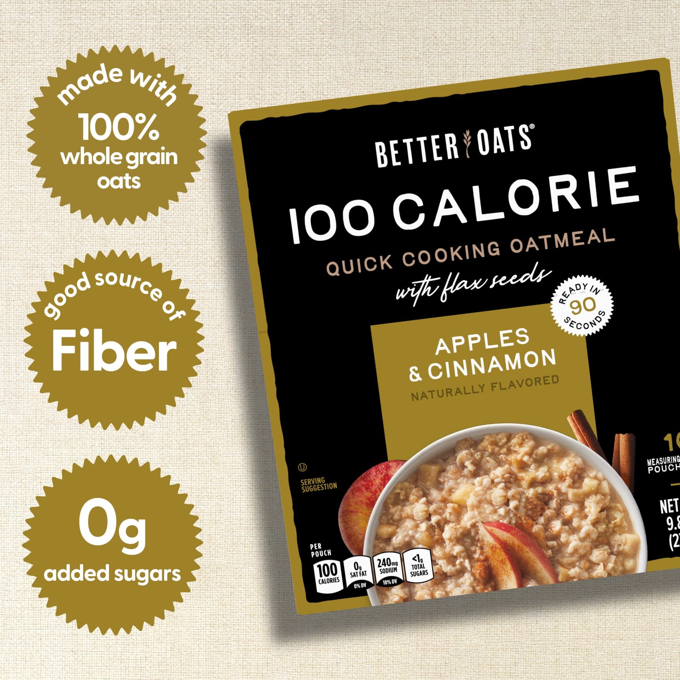 Better Oats 100 Calorie Apples and Cinnamon Oatmeal with Flax Seeds, 10 Instant Oatmeal Packets, 9.8 oz Pack