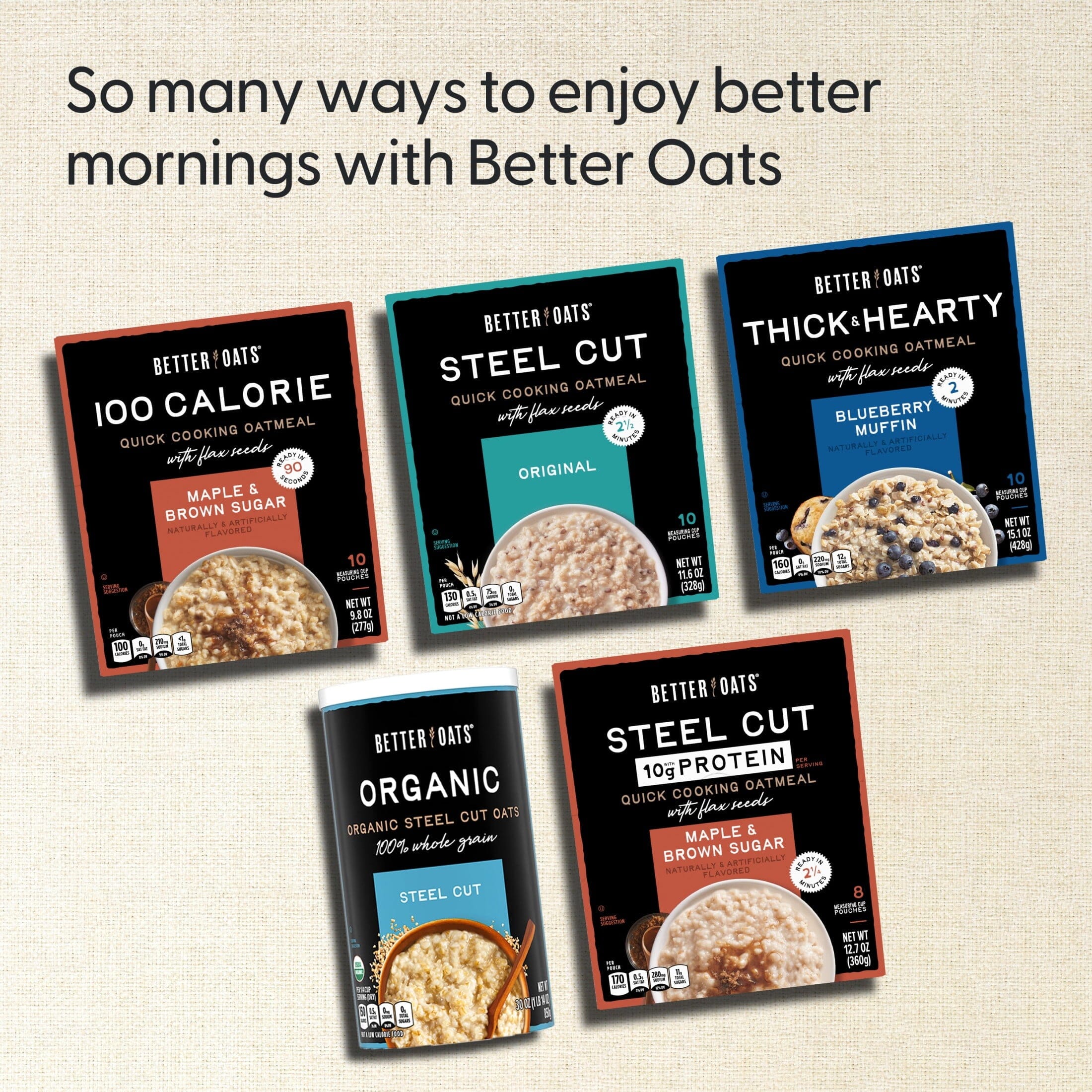 Better Oats 100 Calorie Apples and Cinnamon Oatmeal with Flax Seeds, 10 Instant Oatmeal Packets, 9.8 oz Pack