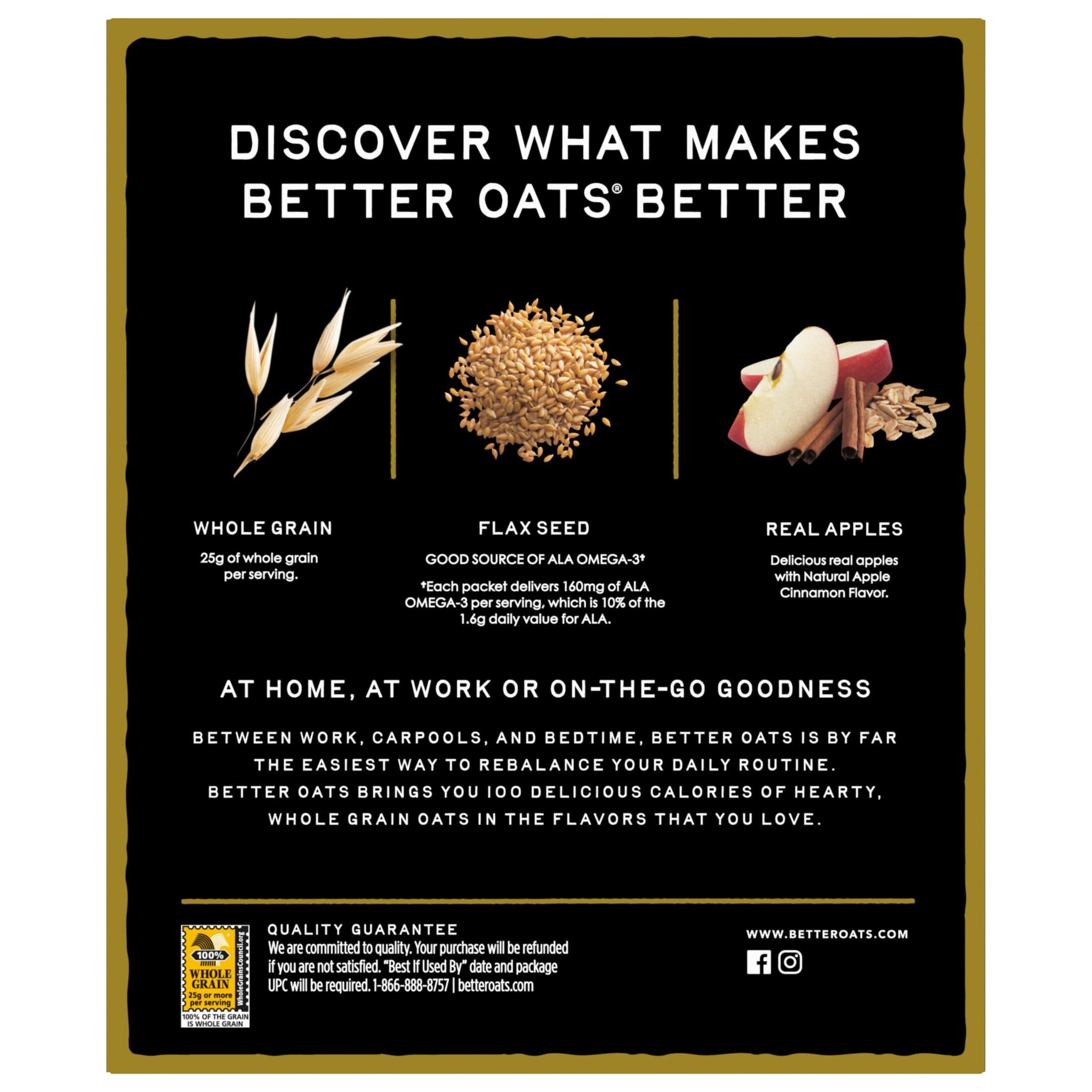 Better Oats 100 Calorie Apples and Cinnamon Oatmeal with Flax Seeds, 10 Instant Oatmeal Packets, 9.8 oz Pack
