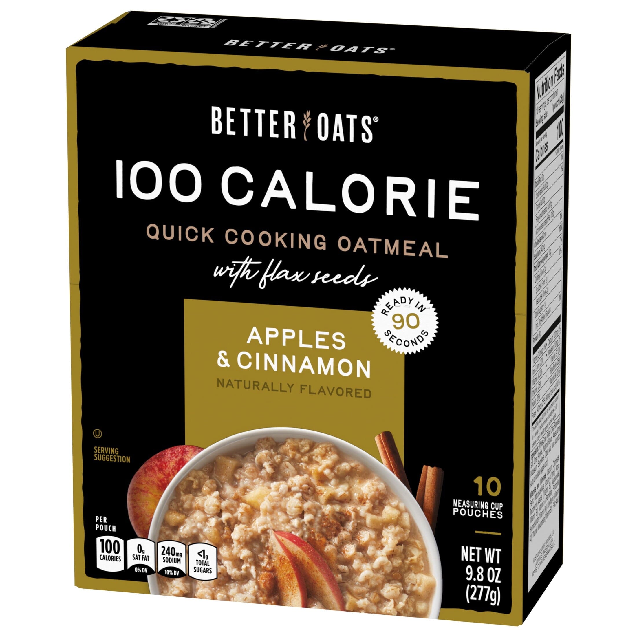 Better Oats 100 Calorie Apples and Cinnamon Oatmeal with Flax Seeds, 10 Instant Oatmeal Packets, 9.8 oz Pack