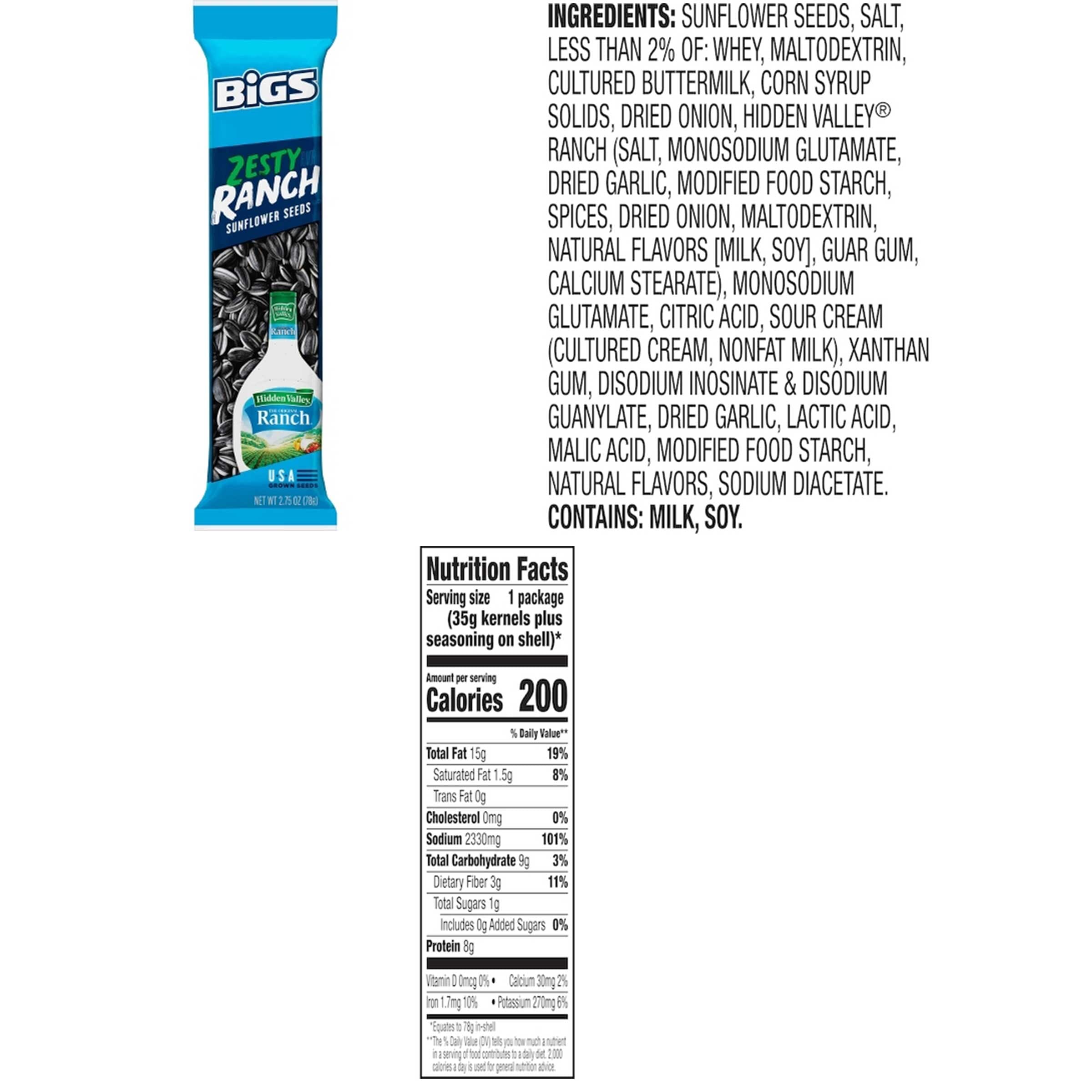 BIGS Sunflower Seeds Original, Dill Pickle, Zesty Ranch, 2.75 Ounce Each