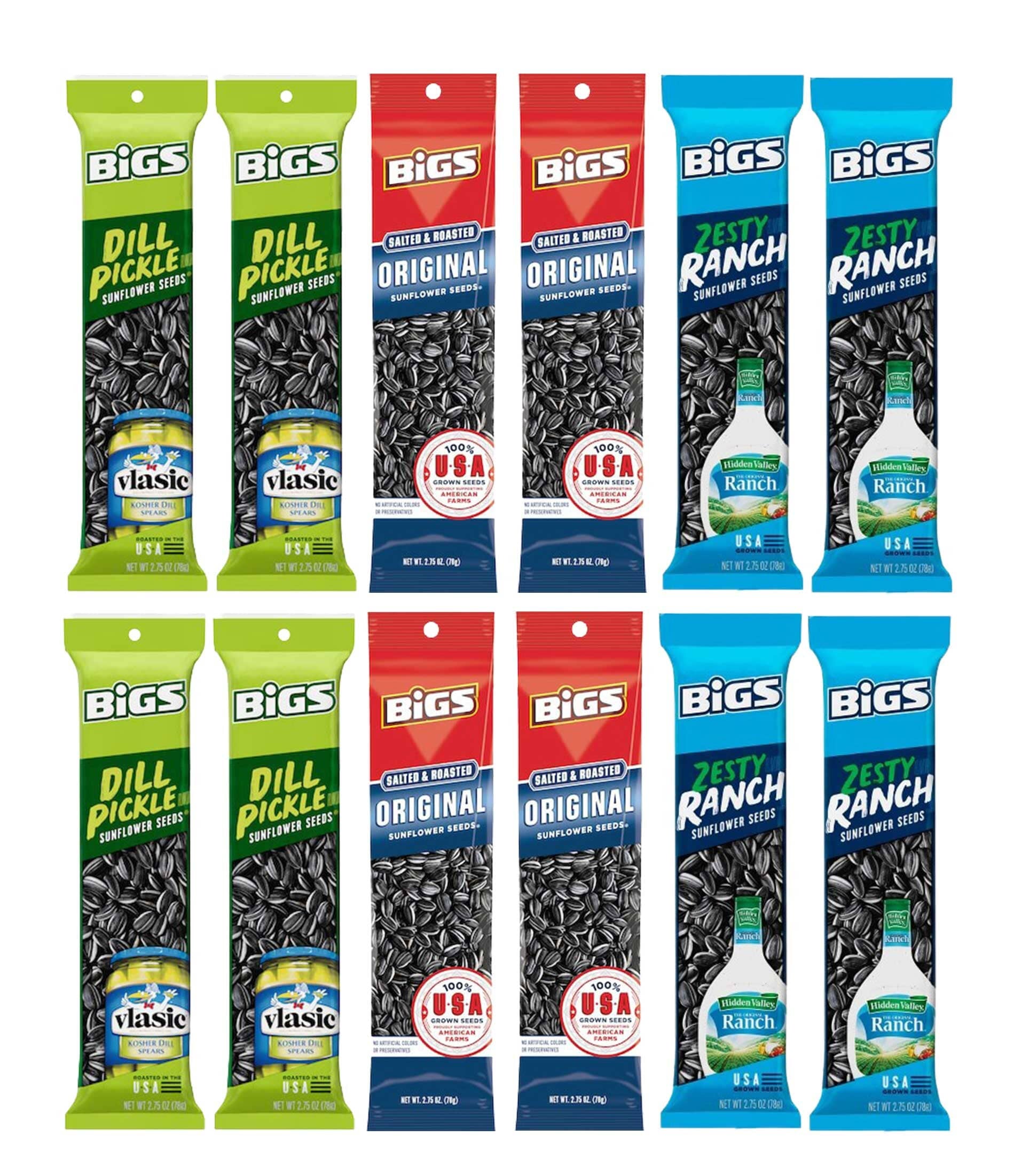 BIGS Sunflower Seeds Original, Dill Pickle, Zesty Ranch, 2.75 Ounce Each