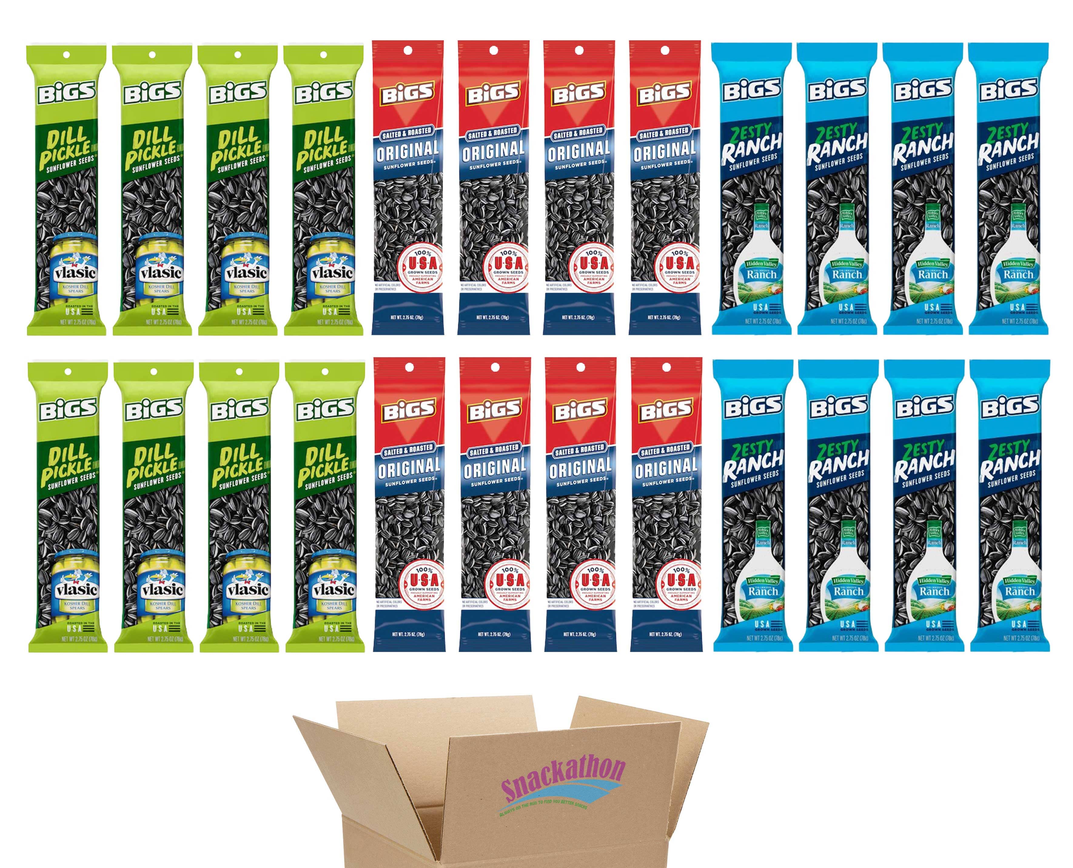 BIGS Sunflower Seeds Variety Pack (Original, Dill Pickle, Zesty Ranch), 2.75 Ounce Each, 8 per Flavor (Pack of 24)
