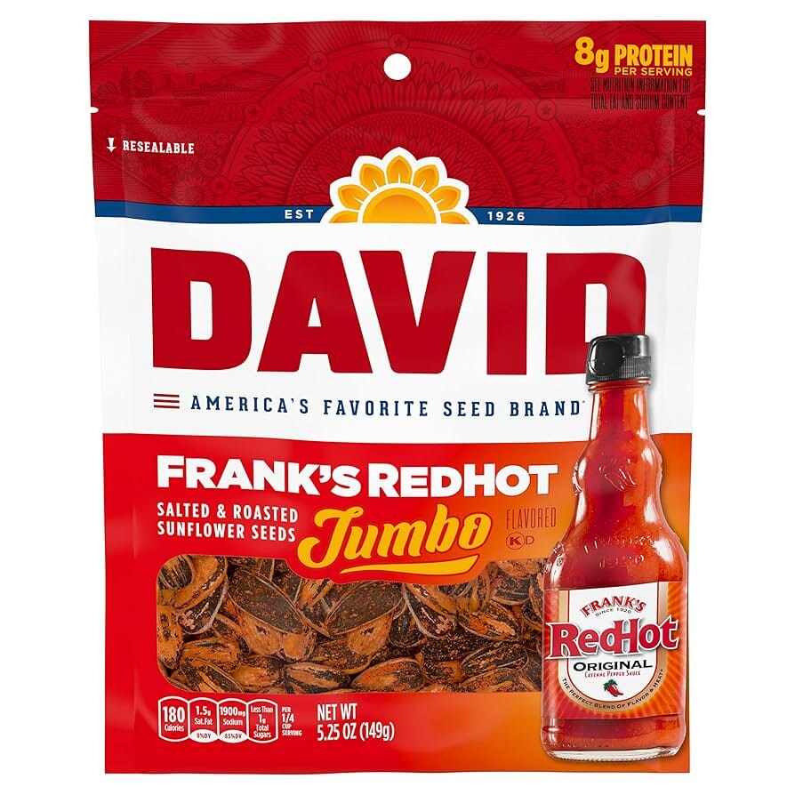 David Frank's Redhot Flavored Salted & Roasted Jumbo Sunflower Seeds, 5.25 Ounce
