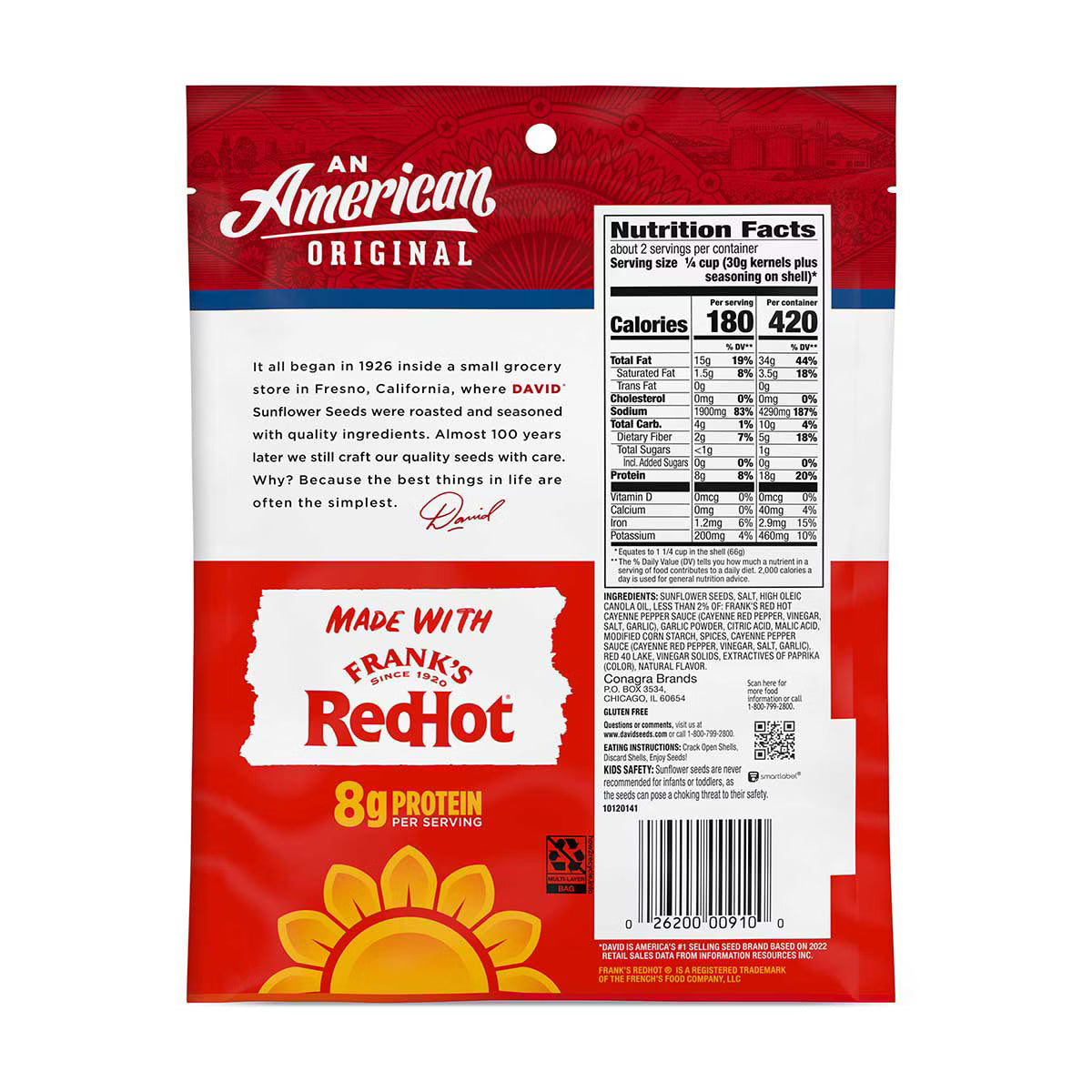 David Frank's Redhot Flavored Salted & Roasted Jumbo Sunflower Seeds, 5.25 Ounce