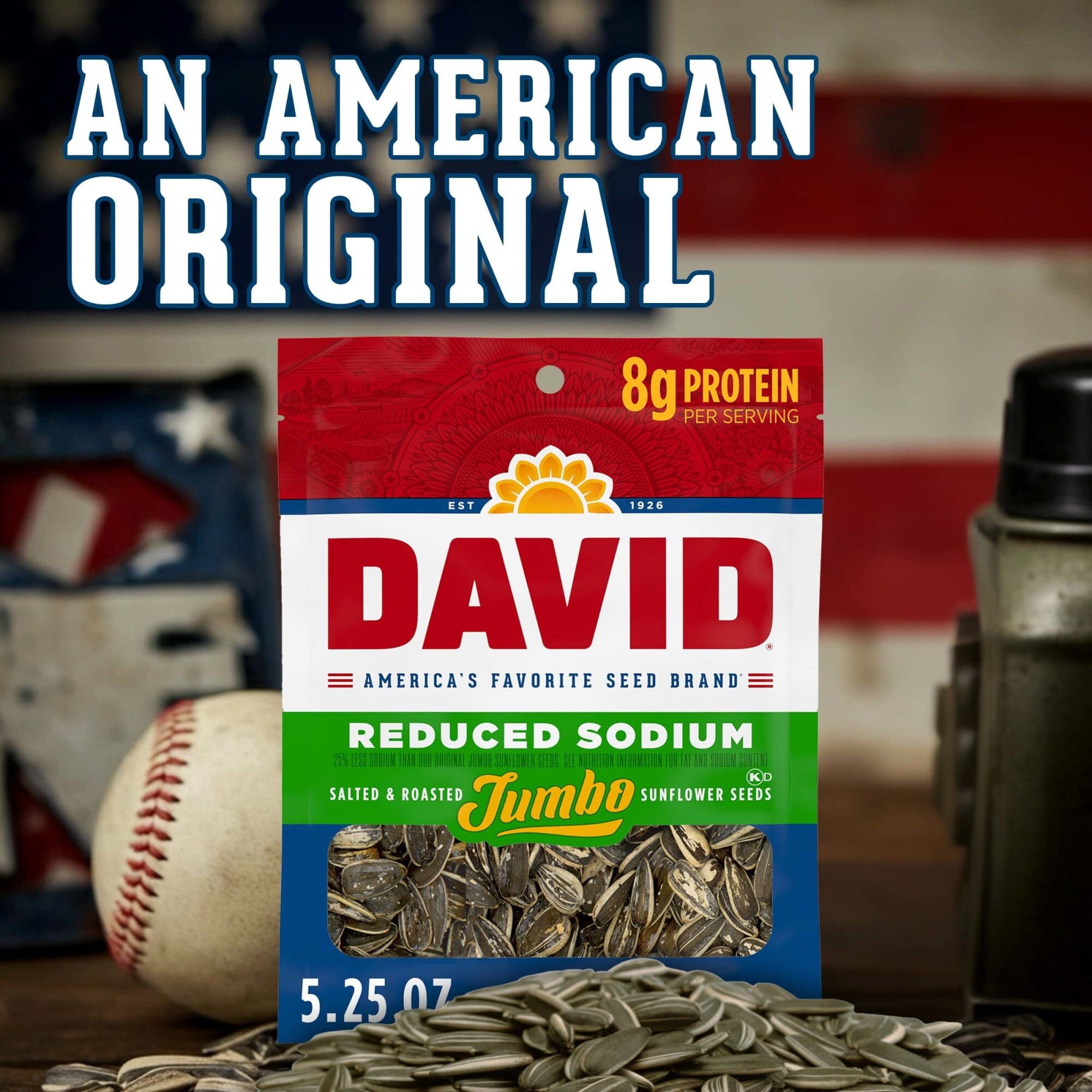 DAVID Seeds Reduced Sodium Salted and Roasted Jumbo Sunflower Seeds, Keto Friendly Snack, 5.25 Ounce