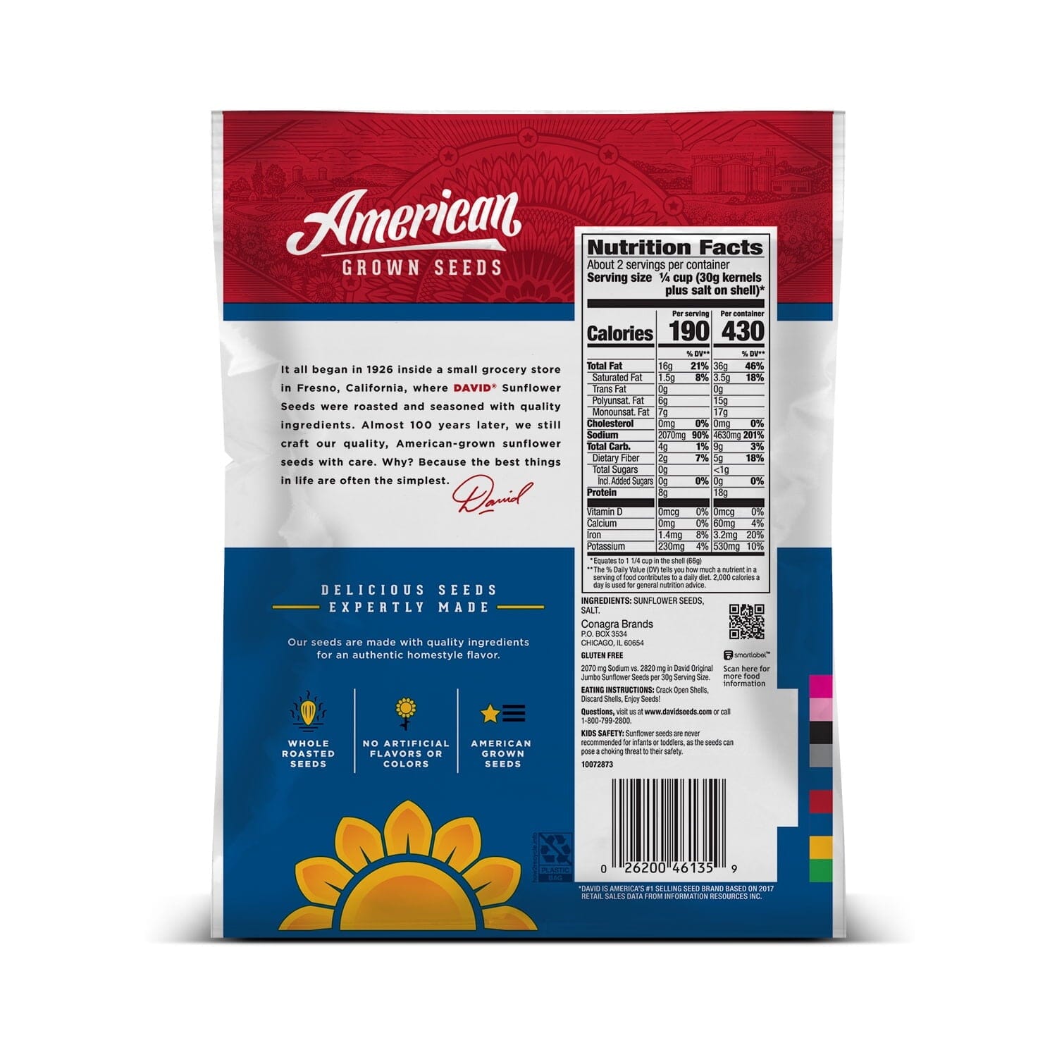 DAVID Seeds Reduced Sodium Salted and Roasted Jumbo Sunflower Seeds, Keto Friendly Snack, 5.25 Ounce