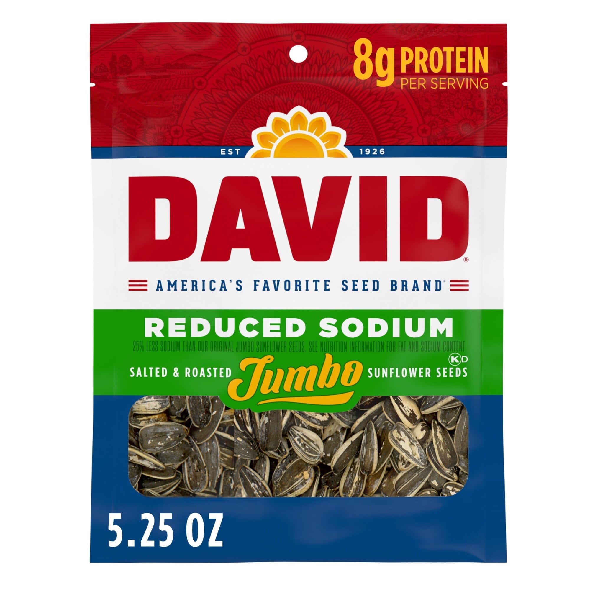DAVID Seeds Reduced Sodium Salted and Roasted Jumbo Sunflower Seeds, Keto Friendly Snack, 5.25 Ounce