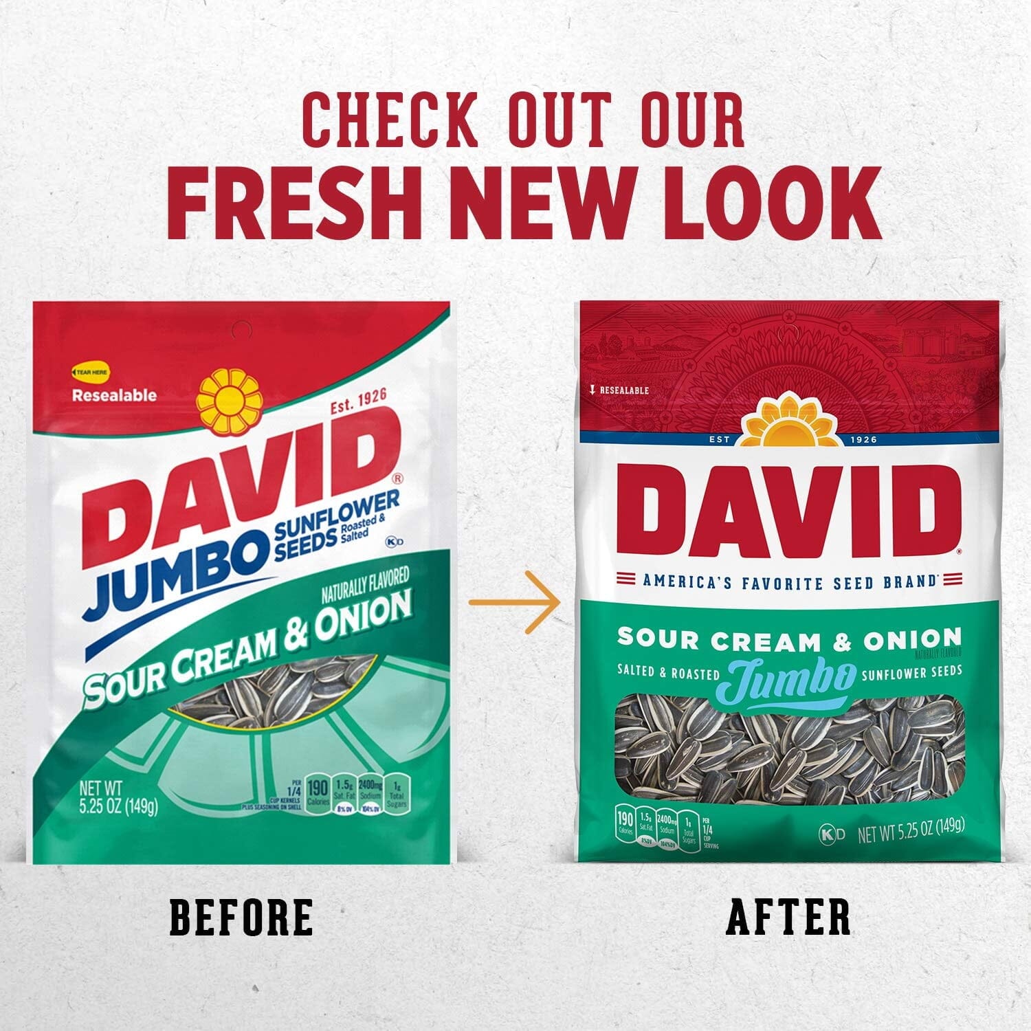 DAVID Sour Cream & Onion Jumbo Sunflower Seeds, Keto Friendly, 5.25-oz. Resealable Bag 5.25 Ounce (Pack of 1)
