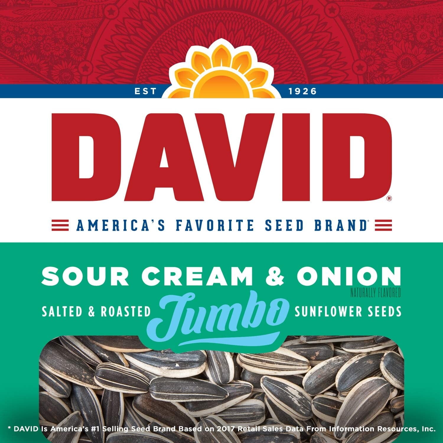 DAVID Sour Cream & Onion Jumbo Sunflower Seeds, Keto Friendly, 5.25-oz. Resealable Bag 5.25 Ounce (Pack of 1)