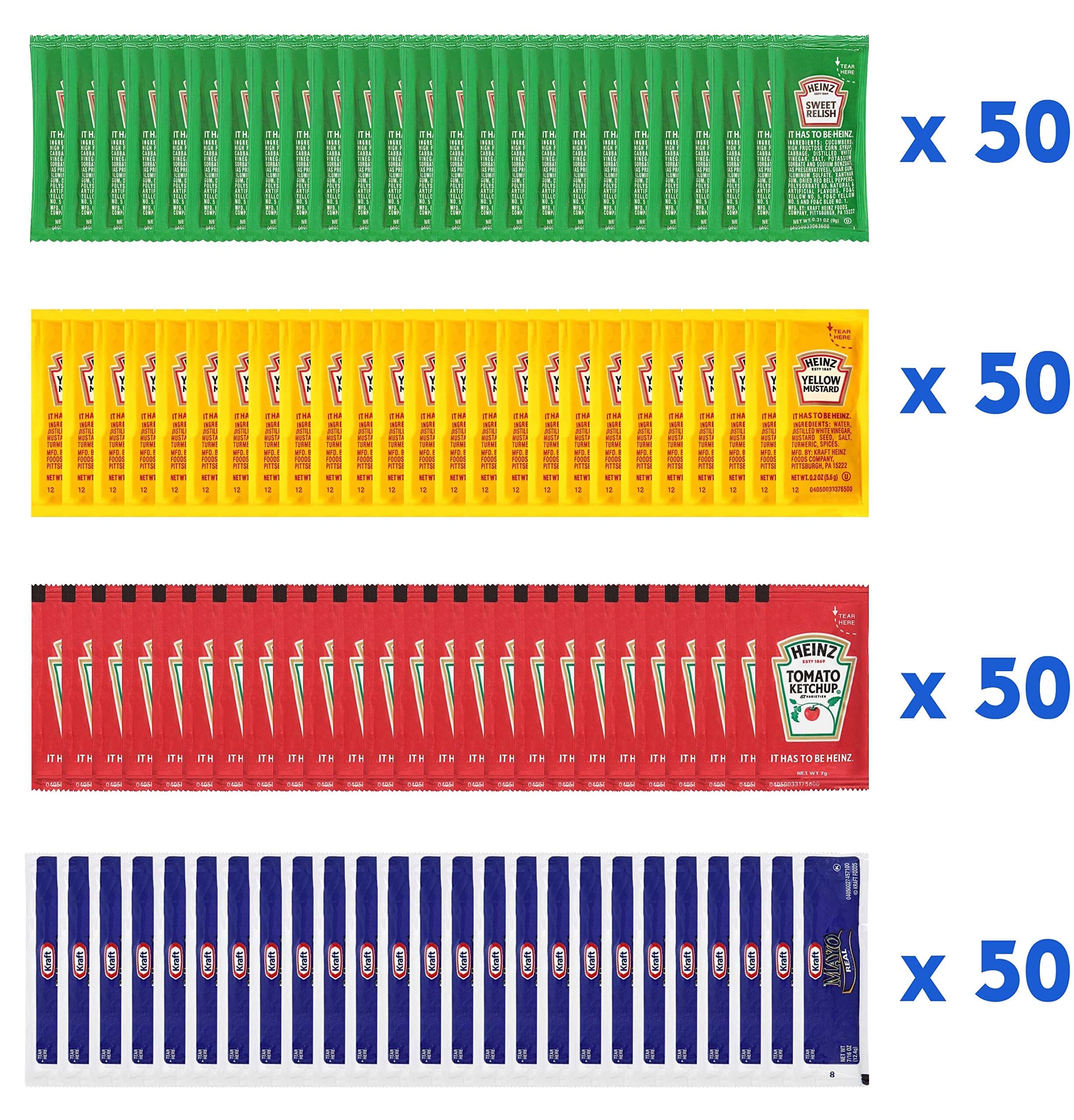 Heinz & Kraft Condiment Packets On the Go, Ketchup, Mustard, Relish, Mayo, 50 Packets Each, 200 Packets Total