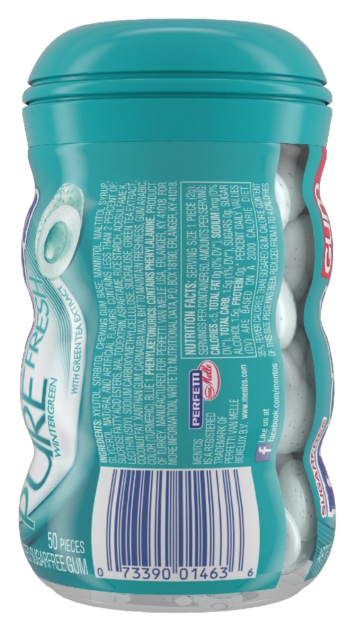 Mentos Gum Sugar Free, Curvy Bottle Wintergreen, 50 Piece Regular Bottle