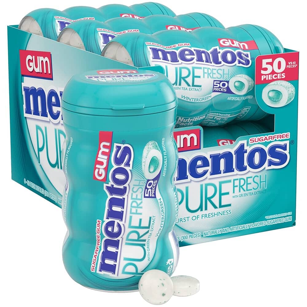 Mentos Gum Sugar Free, Curvy Bottle Wintergreen, 50 Piece Regular Bottle