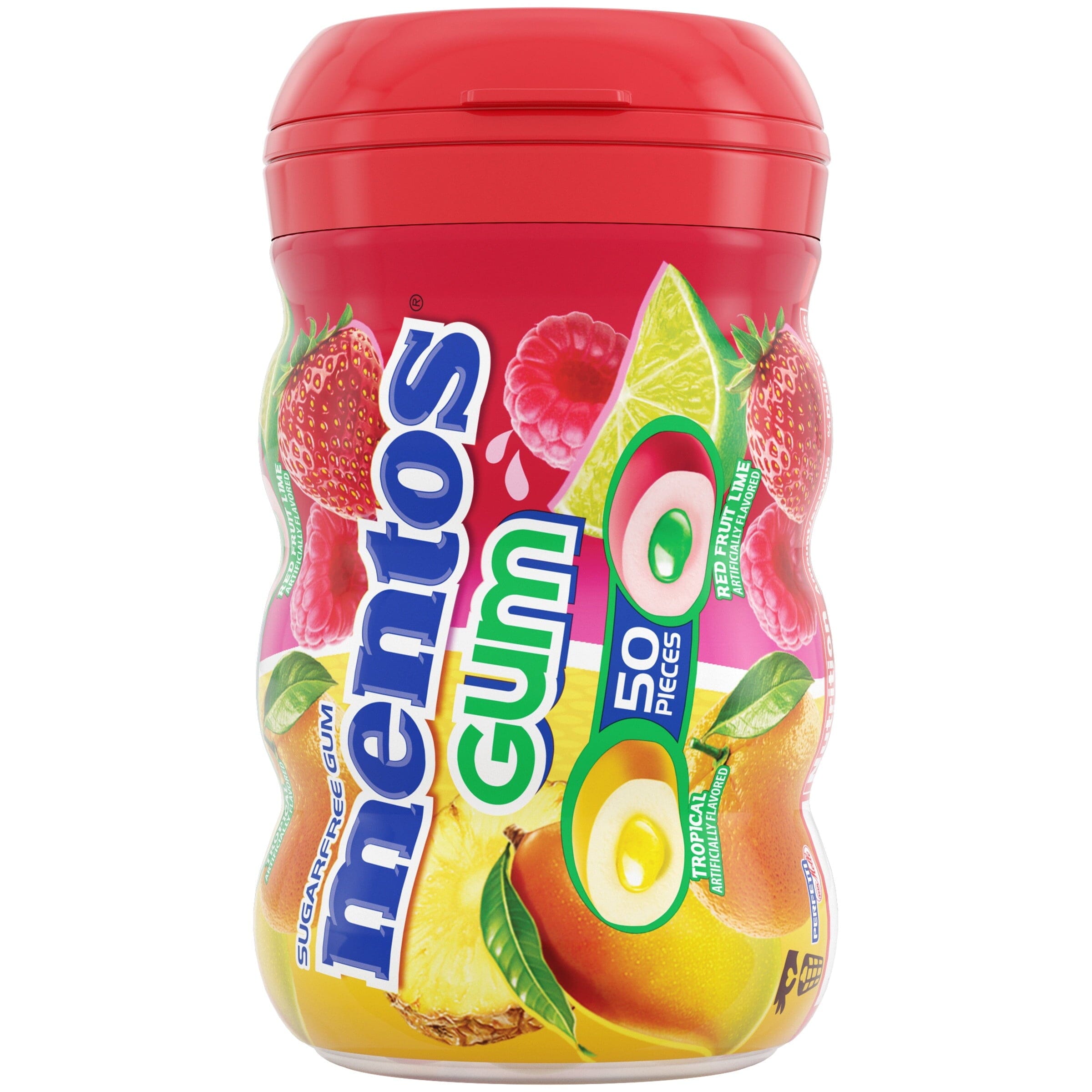 Mentos Gum Sugar-Free Tropical Red Fruit Lime Chewing Gum, 50 Regular Size Pieces, Bottle