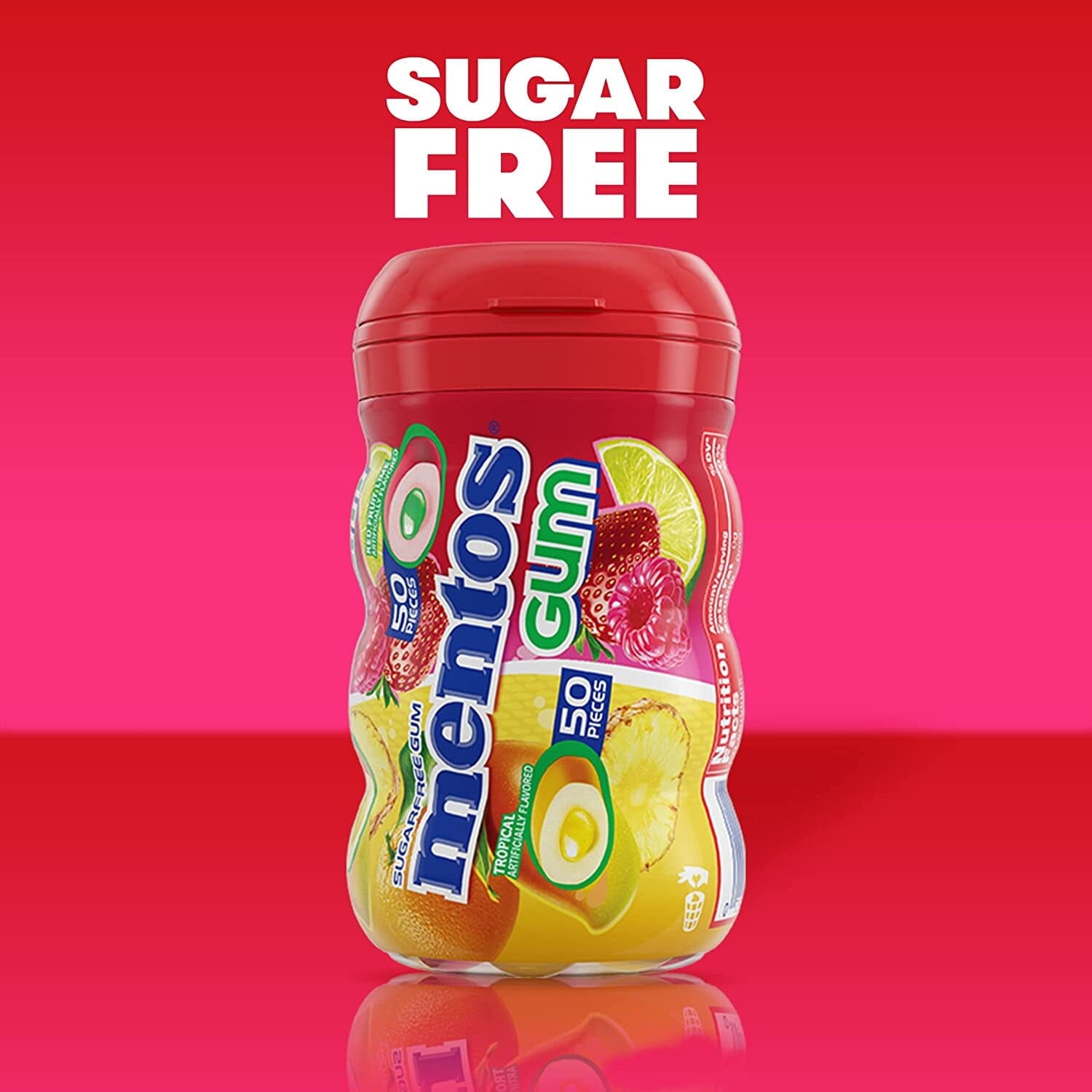 Mentos Gum Sugar-Free Tropical Red Fruit Lime Chewing Gum, 50 Regular Size Pieces, Bottle