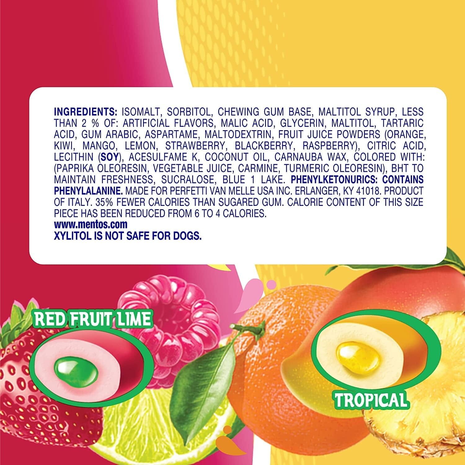 Mentos Gum Sugar-Free Tropical Red Fruit Lime Chewing Gum, 50 Regular Size Pieces, Bottle