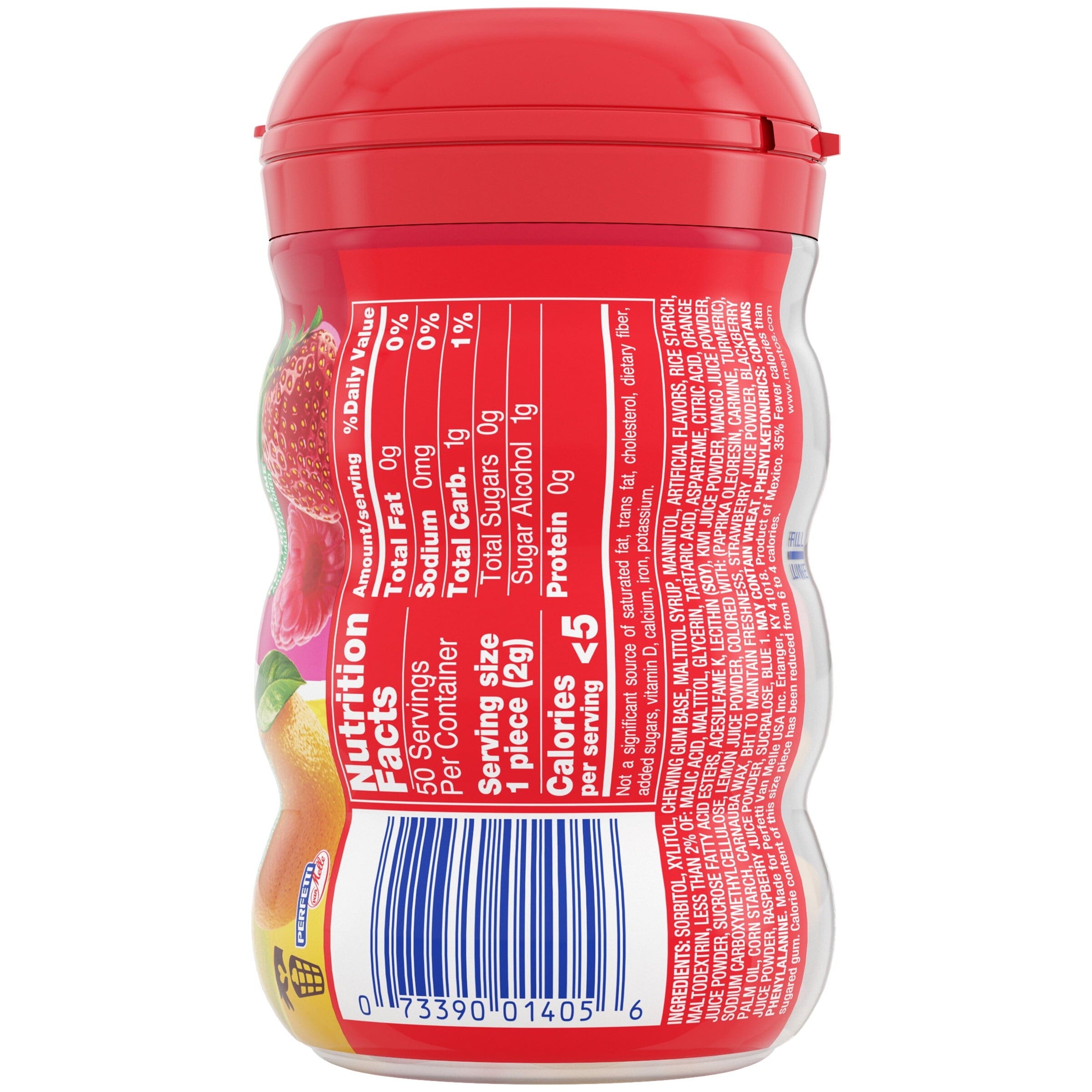 Mentos Gum Sugar-Free Tropical Red Fruit Lime Chewing Gum, 50 Regular Size Pieces, Bottle