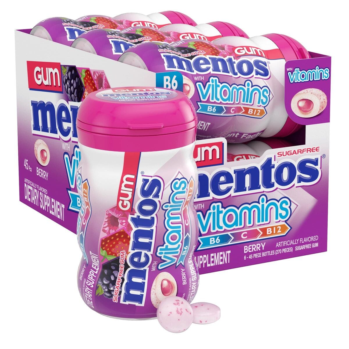 Mentos Gum Sugar Free, Vitamins Berry, 45 Piece