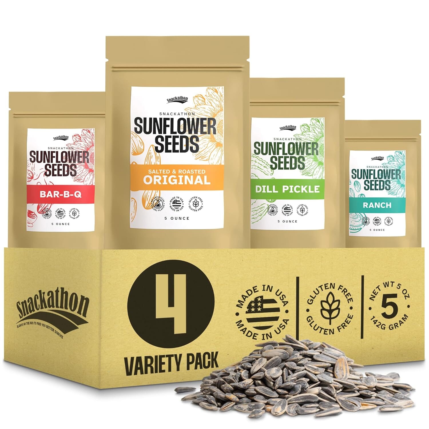 Snackathon In-Shell Roasted Sunflower Seeds – 4 Flavor Variety Pack (Original, Ranch, BBQ, Dill Pickle), 4 Resealable Bags, Premium Snack