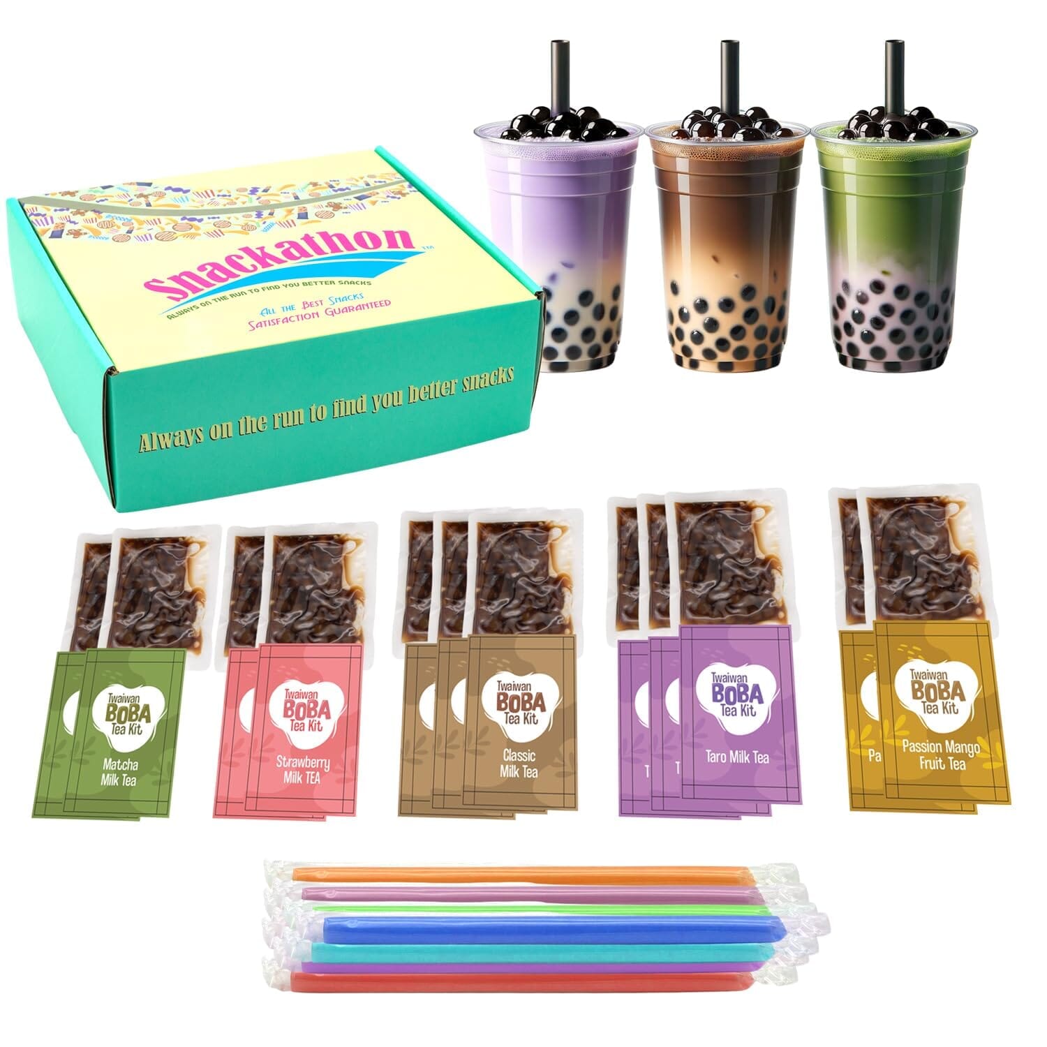 Snackathon Instant Boba Bubble Pearl Variety Milk Fruity Tea Kit (12 Servings, 5 Flavors), with Authentic Brown Sugar Caramel Tapioca Boba Pearls, Ready in Under One Minute, Straws Included - Gift Box