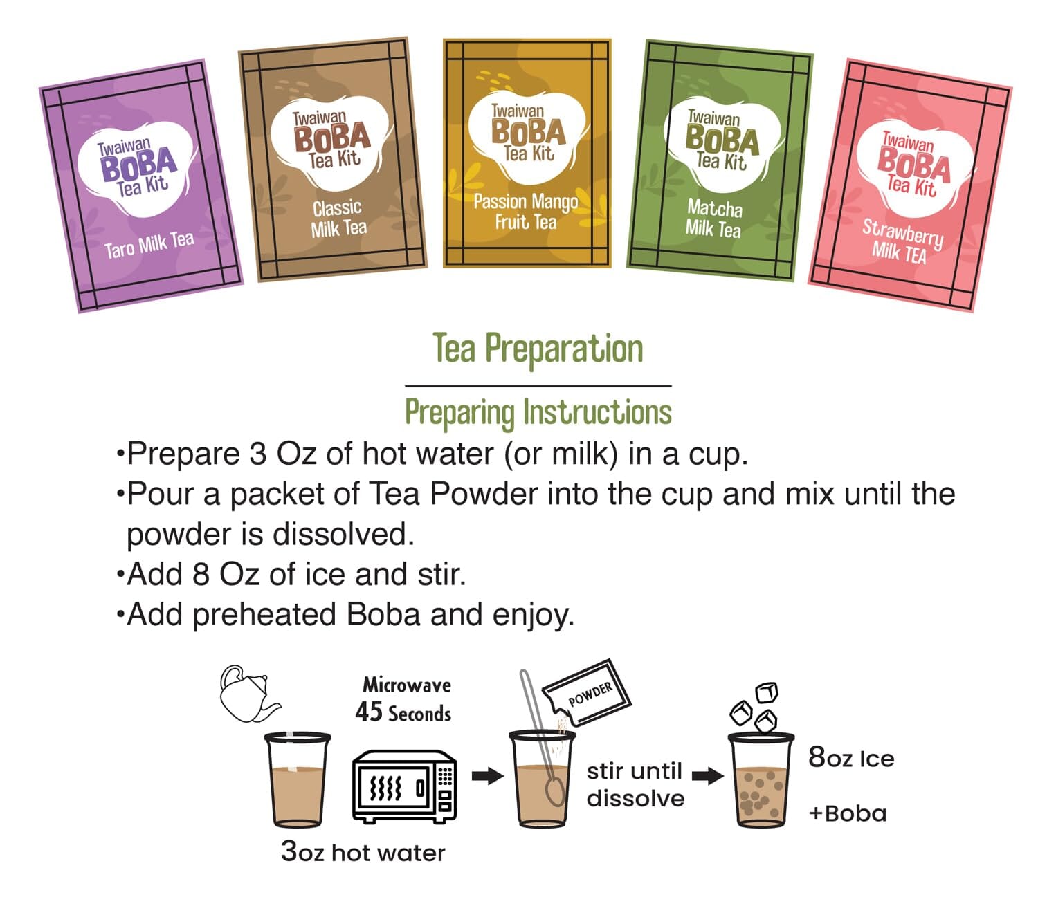 Snackathon Instant Boba Bubble Pearl Variety Milk Fruity Tea Kit (12 Servings, 5 Flavors), with Authentic Brown Sugar Caramel Tapioca Boba Pearls, Ready in Under One Minute, Straws Included - Gift Box