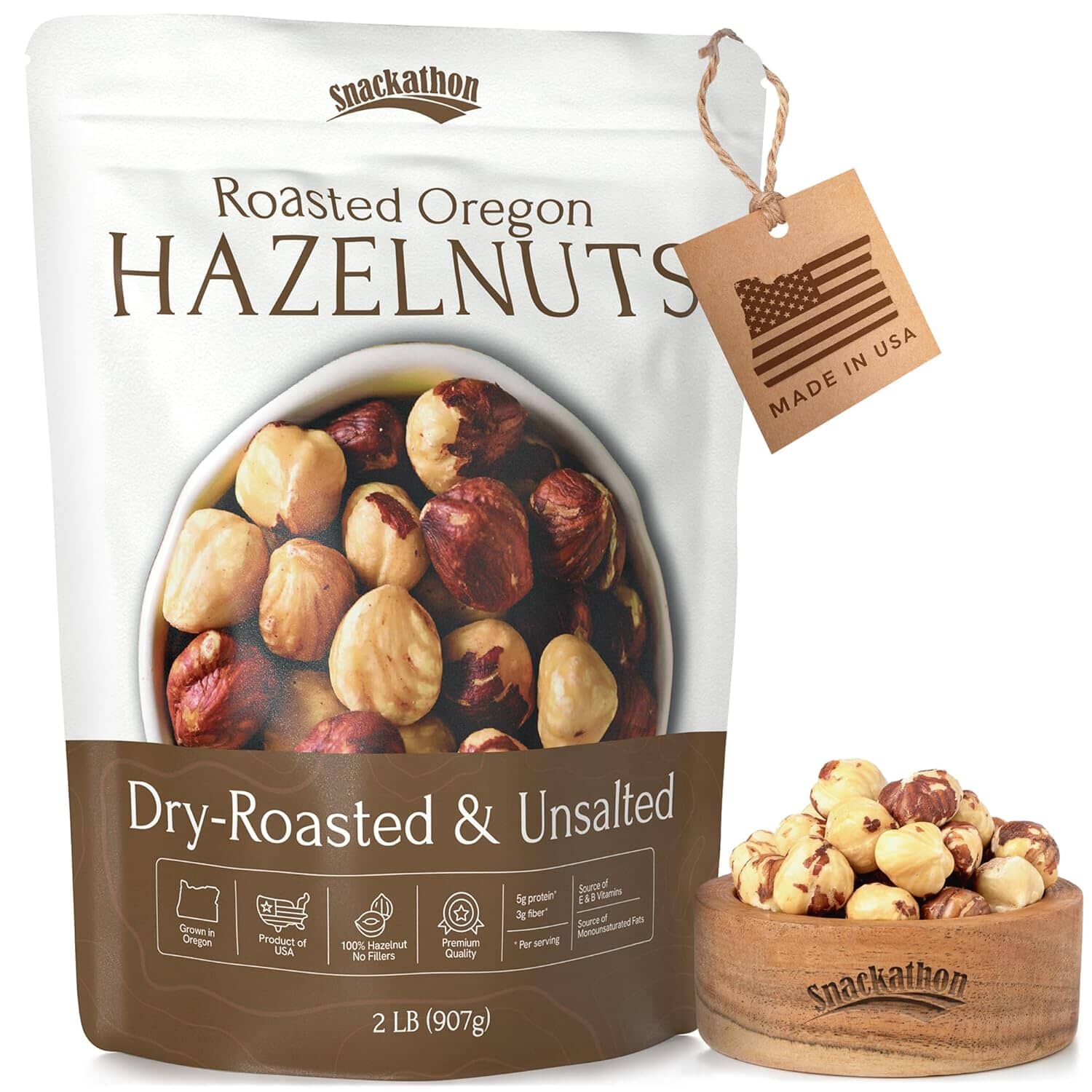 Snackathon Roasted Oregon Hazelnuts, Unsalted, Dry Roasted, Whole Filberts, Premium Natural Nuts Grown in USA, 1 LB Resealable Bag, Healthy Snack, Ideal for Baking, Nut Butters & Recipes