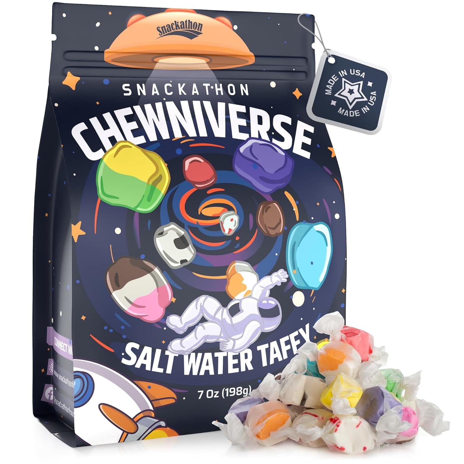 Snackathon Salt Water Taffy Assorted Mix – Chewniverse Edition, 10 Flavor Variety, Individually Wrapped Soft & Chewy Gourmet Candy, Unique 7 oz Themed Bag for Gifting