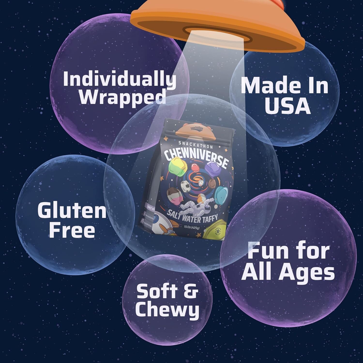 Snackathon Salt Water Taffy Assorted Mix – Chewniverse Edition, 10 Flavor Variety, Individually Wrapped Soft & Chewy Gourmet Candy, Unique 7 oz Themed Bag for Gifting