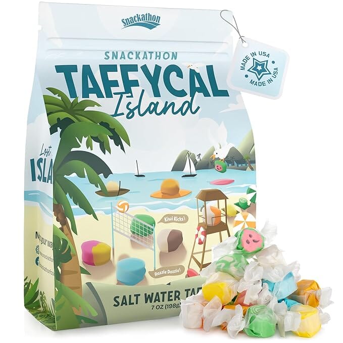 Snackathon Salt Water Taffy Assorted Mix – Taffycal Island Edition, 10-Flavor Tropical Variety, Individually Wrapped Soft & Chewy Gourmet Candy, Unique 7 oz Themed Bag for Gifting