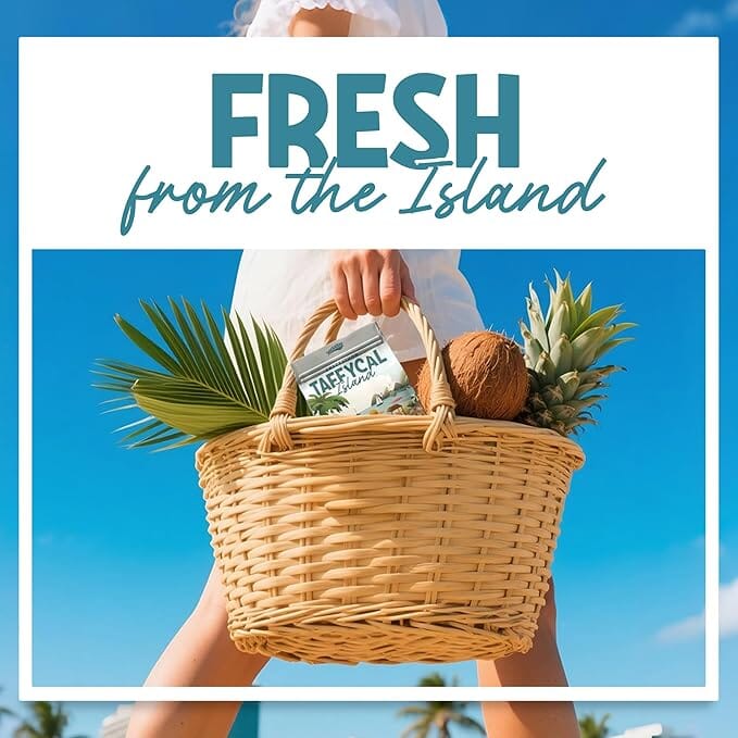 Snackathon Salt Water Taffy Assorted Mix – Taffycal Island Edition, 10-Flavor Tropical Variety, Individually Wrapped Soft & Chewy Gourmet Candy, Unique 7 oz Themed Bag for Gifting