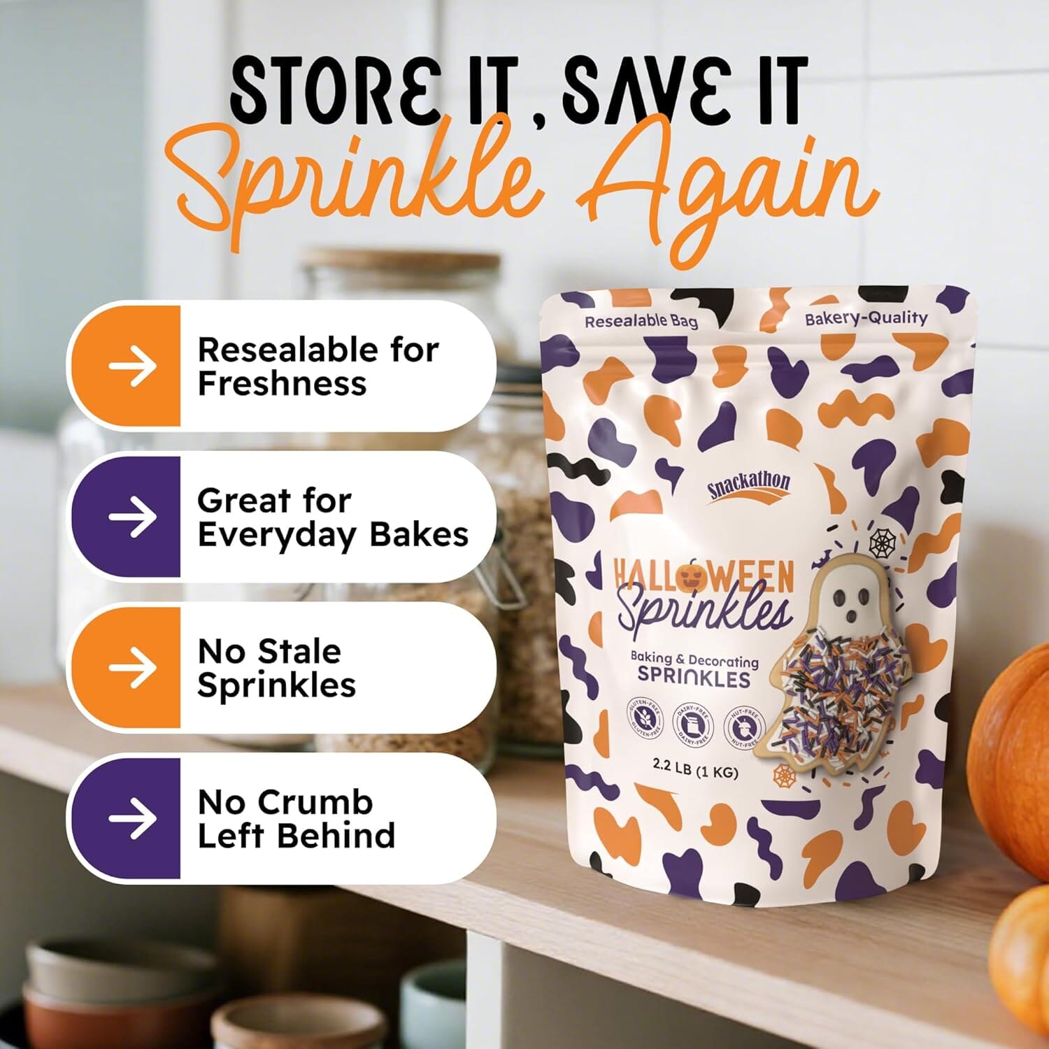Snackathon Sprinkles for Baking & Decorating, Halloween Sprinkles, 2.2 LB Bulk Spooky Jimmies in Resealable Pouch – Orange, Black, Purple & White Colors for Cupcakes, Cookies, and Treats