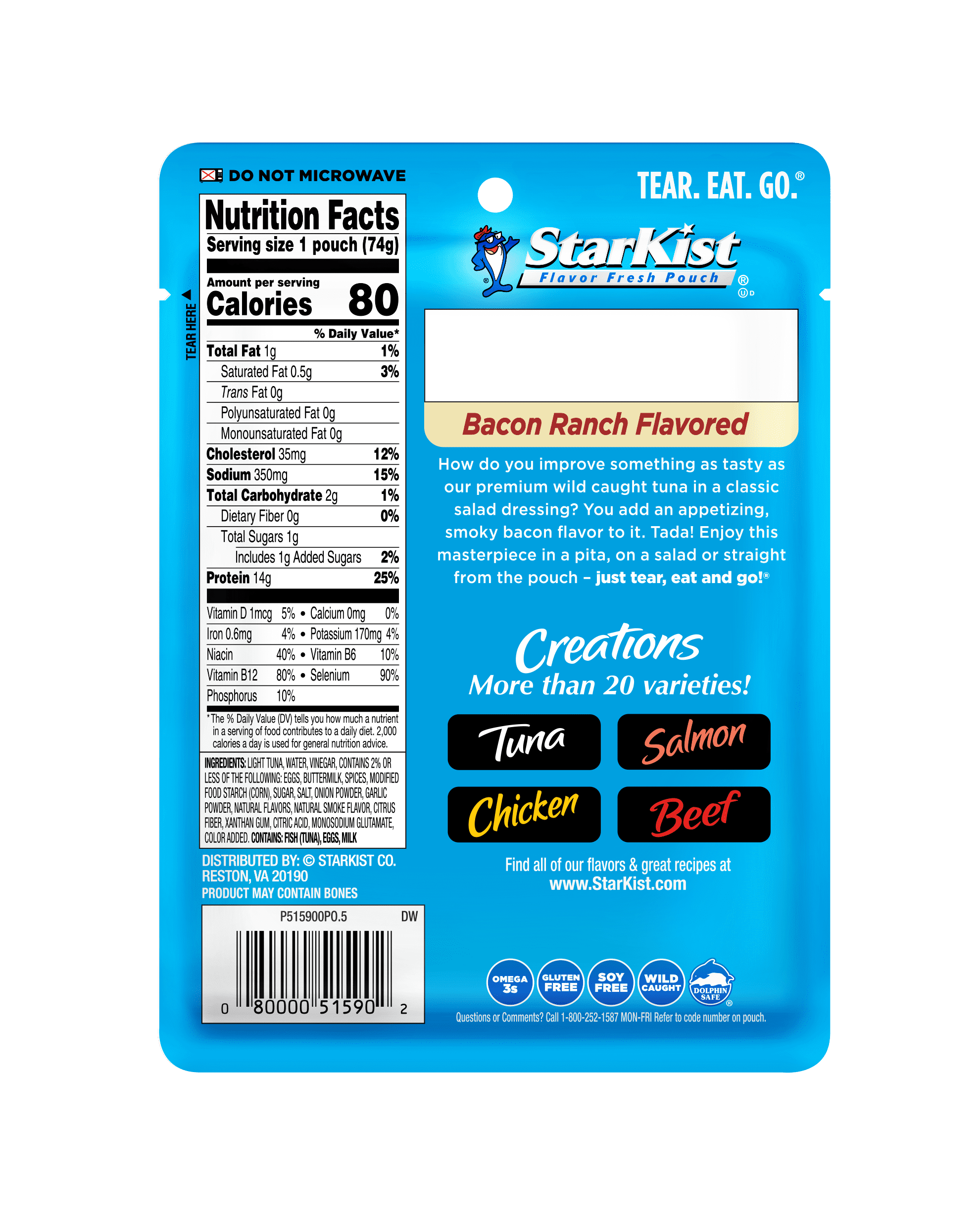 StarKist Tuna Creations, Bacon Ranch, 15g Protein, 2.6 oz Pouch