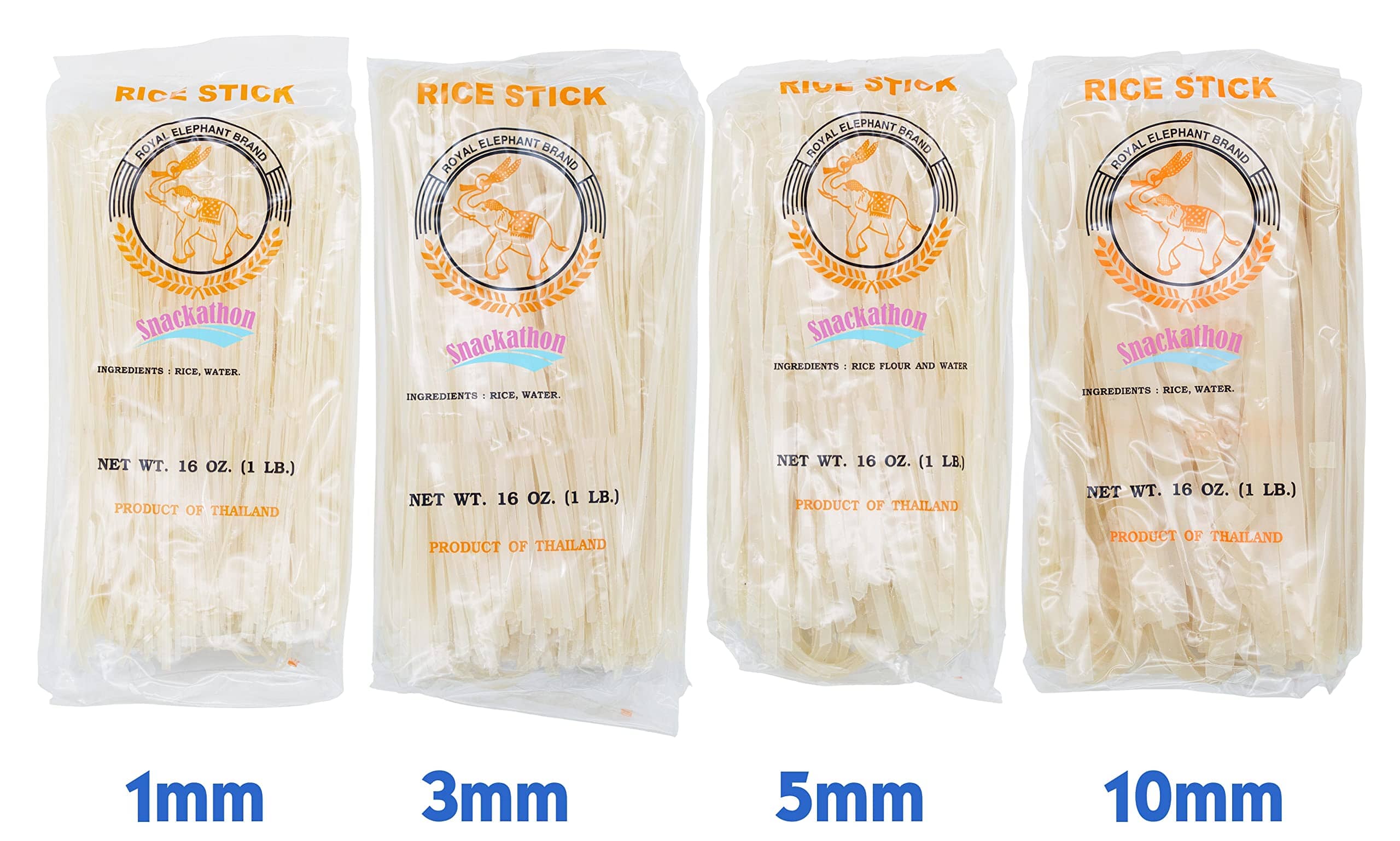 Pad Thai Rice Stick Noodles Variety Pack (1mm, 3mm, 5mm and 10mm Width), Pack of 4 (16 Ounce each)