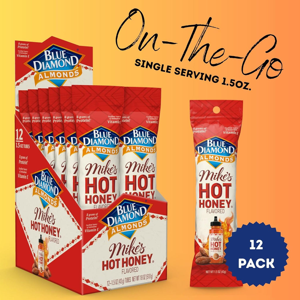 Blue Diamond Almonds, Made with Mike’s Hot Honey Infused with Chilies for a Perfect Sweet and Spicy Snack Nut Combination, Pack of 12, 1.5oz. Servings