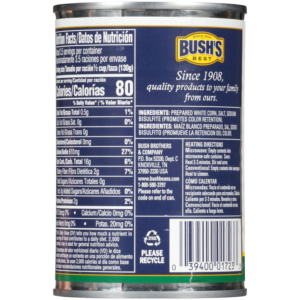 Bush's White Hominy, Maiz Pozolero, Canned Hominy, 15.5 oz