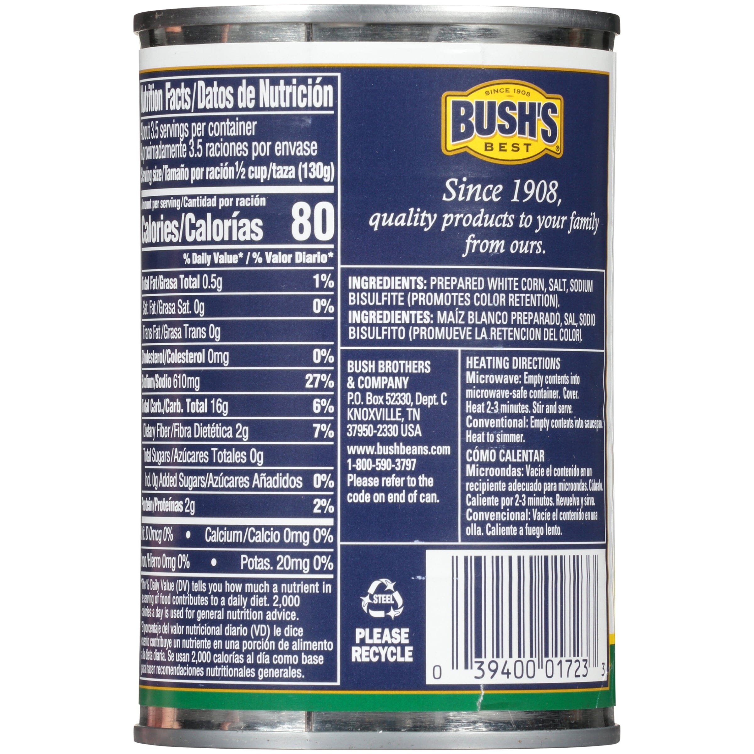 Bush's White Hominy, Maiz Pozolero, Canned Hominy, 15.5 oz