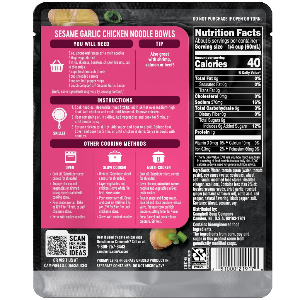 Campbell's Cooking Sauces, Sesame Garlic, 11 oz Pouch