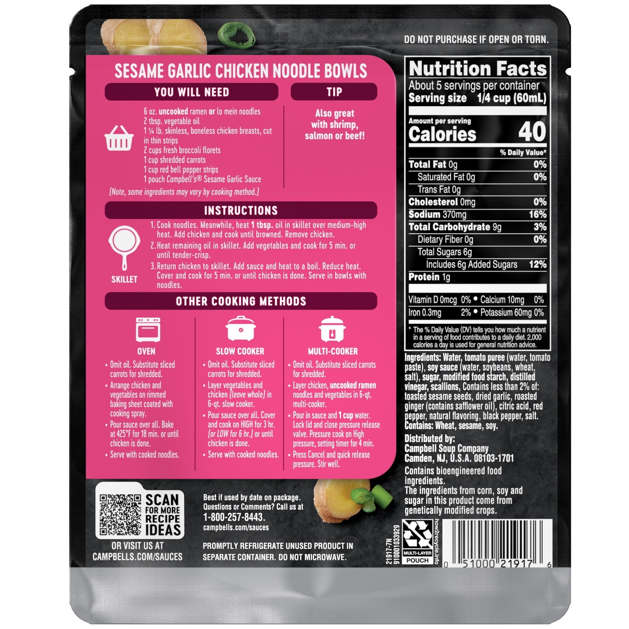 Campbell's Cooking Sauces, Sesame Garlic, 11 oz Pouch