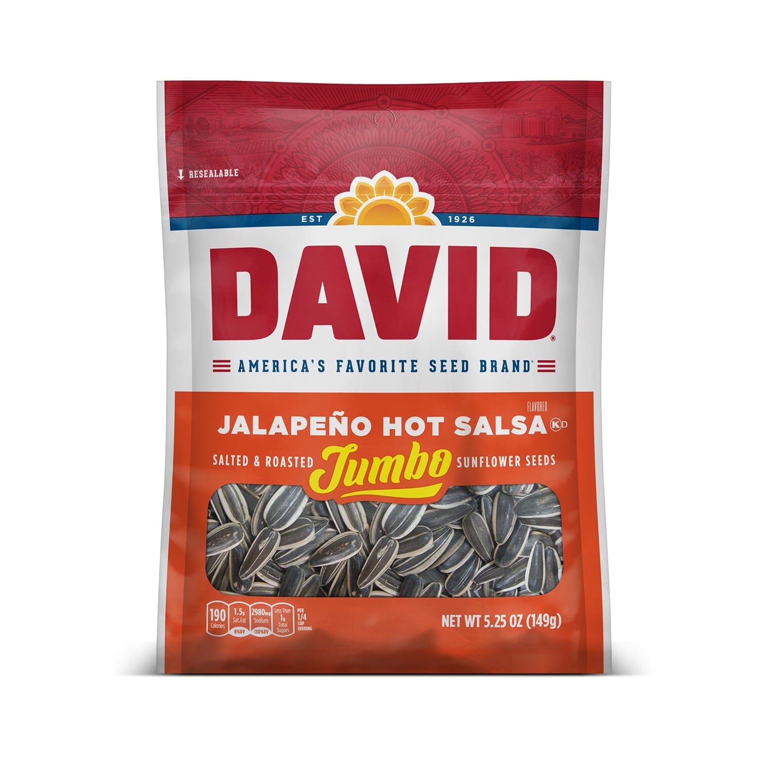 DAVID Seeds Keto Friendly Jalapeno Flavored Salted and Roasted Jumbo Sunflower Seeds, 5.25 Ounce