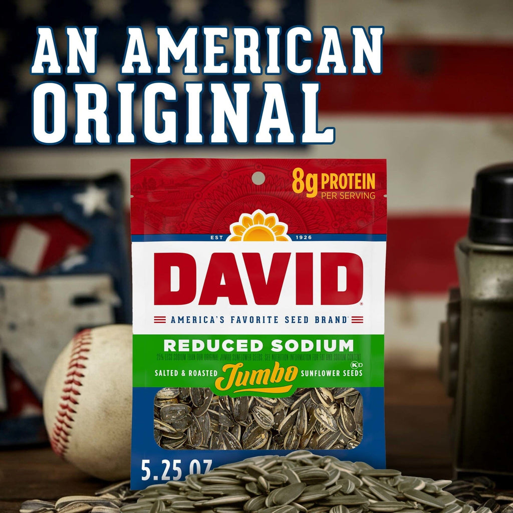 DAVID Seeds Reduced Sodium Salted and Roasted Jumbo Sunflower Seeds, Keto Friendly Snack, 5.25 Ounce