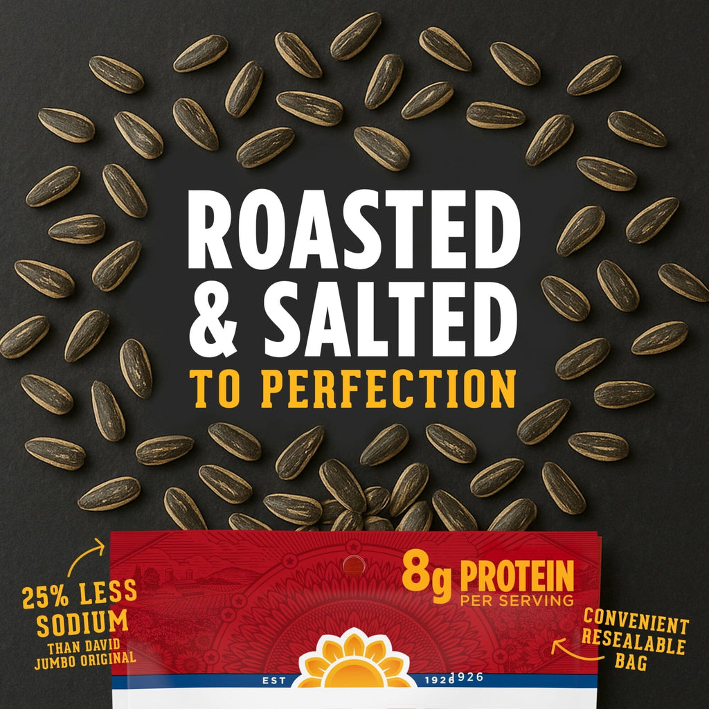 DAVID Seeds Reduced Sodium Salted and Roasted Jumbo Sunflower Seeds, Keto Friendly Snack, 5.25 Ounce