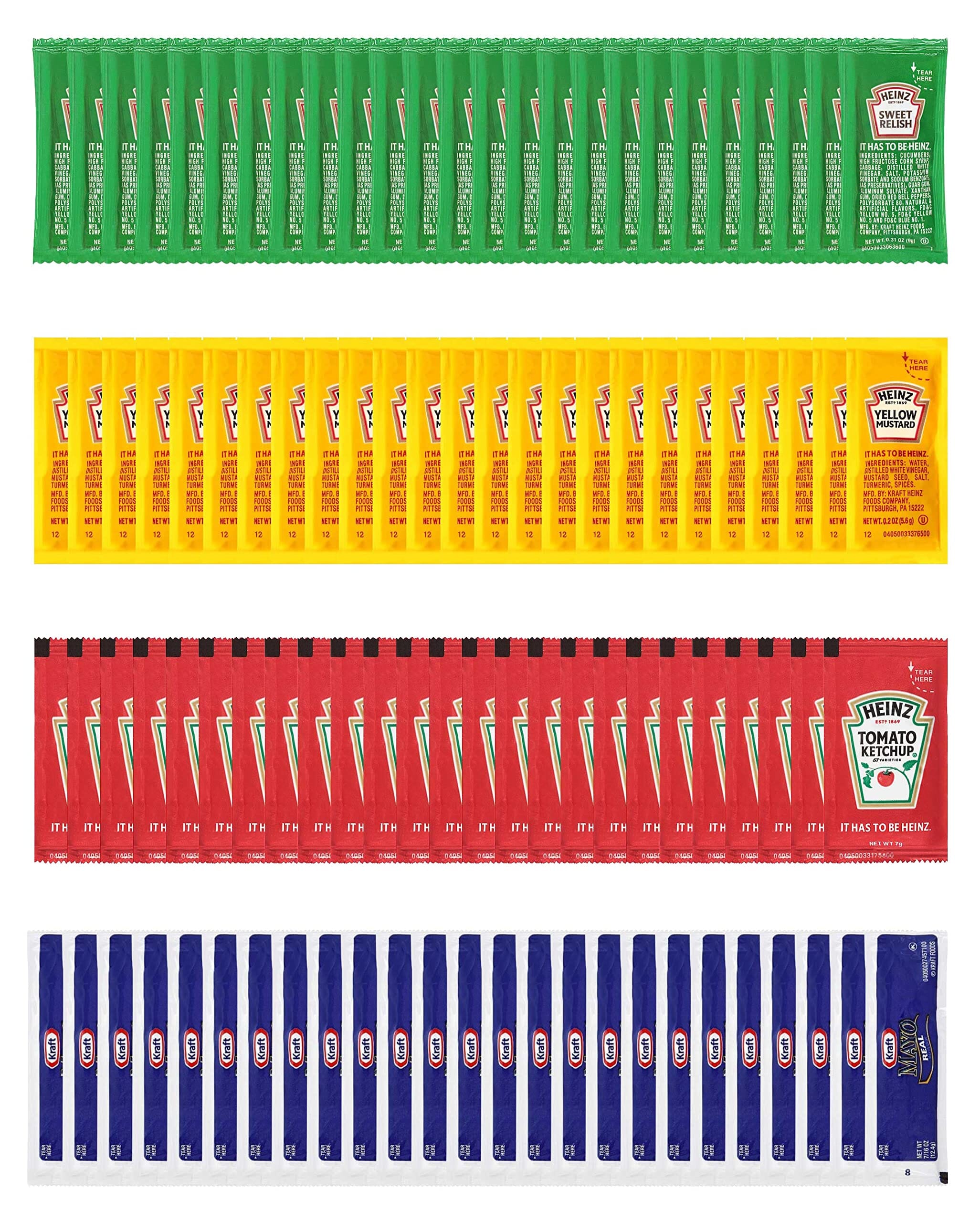 Heinz & Kraft Condiment Packets On the Go, Ketchup, Mustard, Relish, Mayo, 50 Packets Each, 200 Packets Total