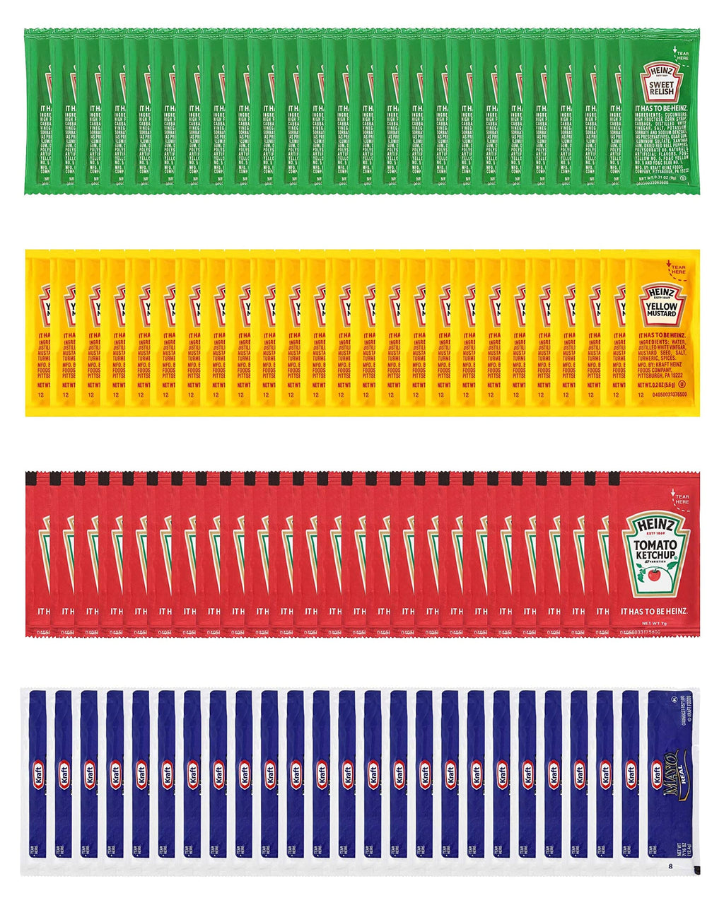 Heinz & Kraft Condiment Packets On the Go, Ketchup, Mustard, Relish, Mayo, 50 Packets Each, 200 Packets Total