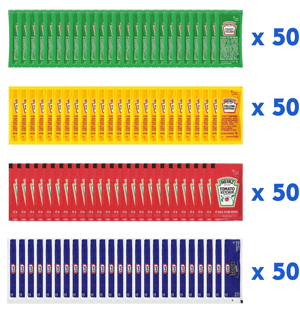 Heinz & Kraft Condiment Packets On the Go, Ketchup, Mustard, Relish, Mayo, 50 Packets Each, 200 Packets Total