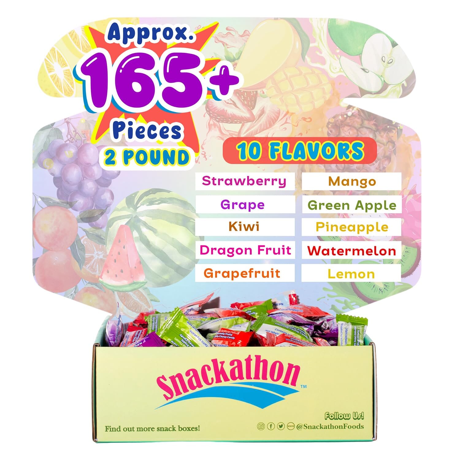 Hi Chew 10 Flavors, Bulk 165+ Pieces, 2 Pound (Hi Chew Fruit Strawberry, Mango, Green Apple, Grape, Kiwi, Pineapple, Dragon Fruit, Watermelon, Grapefruit, Lemon)