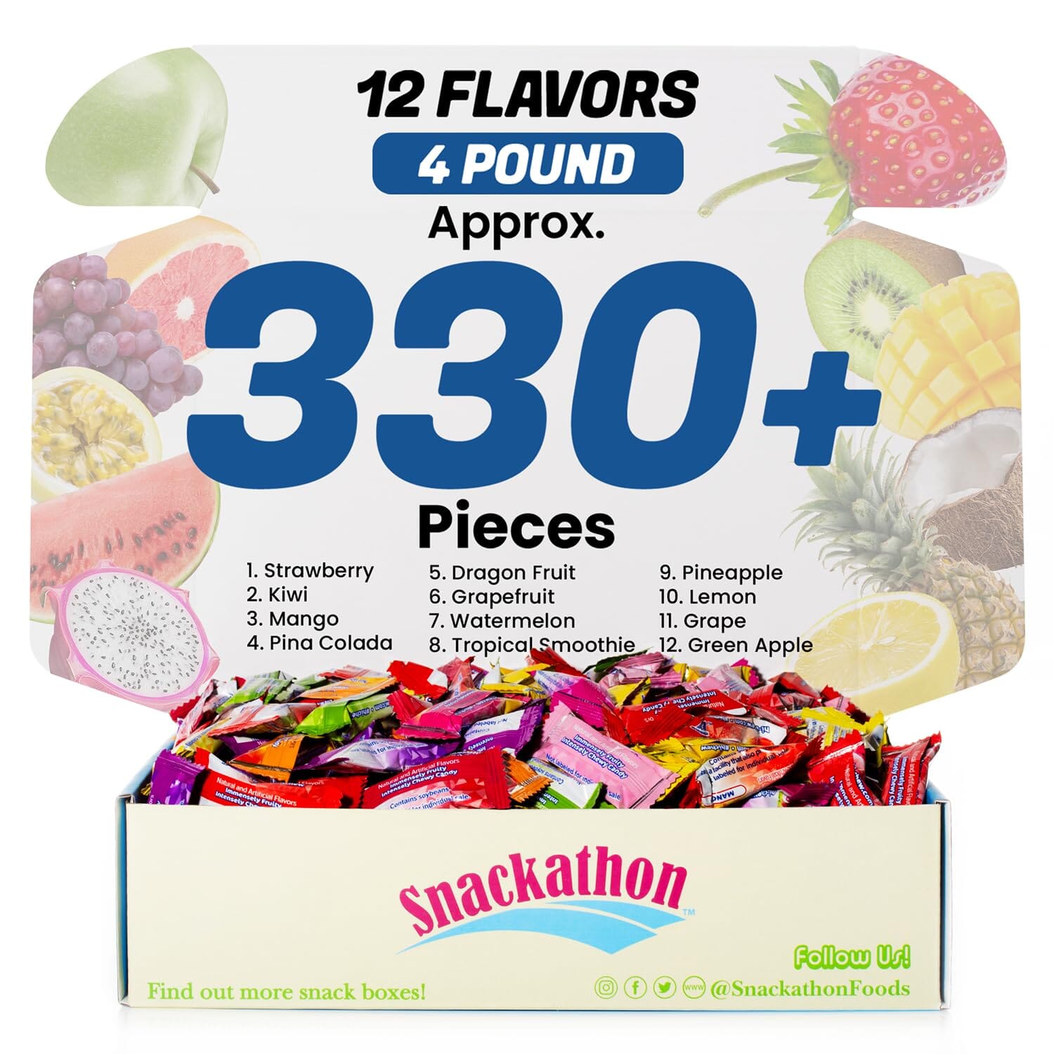Hi Chew 12 Flavors, Bulk 330+ Pieces, 4 Pound (Strawberry, Mango, Green Apple, Grape, Pineapple, Kiwi, Dragon Fruit, Grapefruit, Lemon, Watermelon, Tropical Smoothie, and Pina Colada)