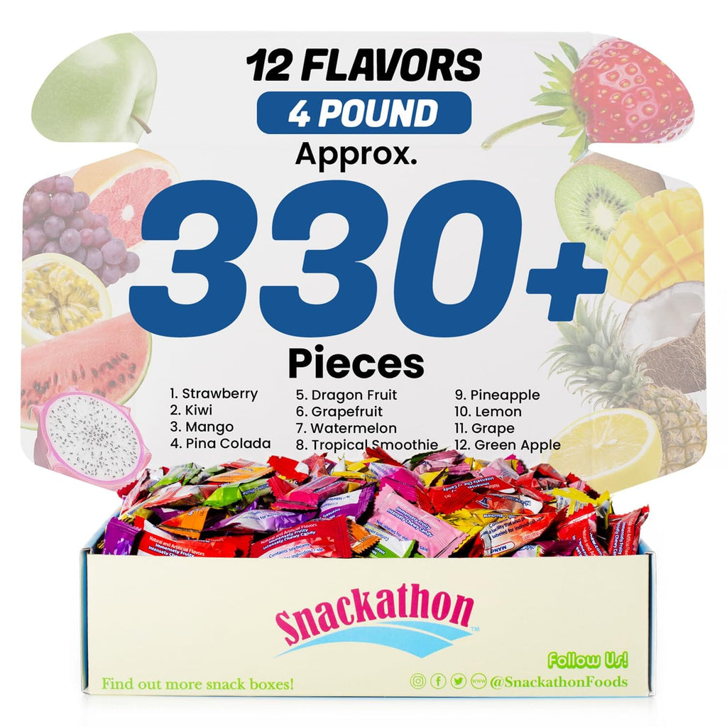 Hi Chew 12 Flavors, Bulk 330+ Pieces, 4 Pound (Strawberry, Mango, Green Apple, Grape, Pineapple, Kiwi, Dragon Fruit, Grapefruit, Lemon, Watermelon, Tropical Smoothie, and Pina Colada)