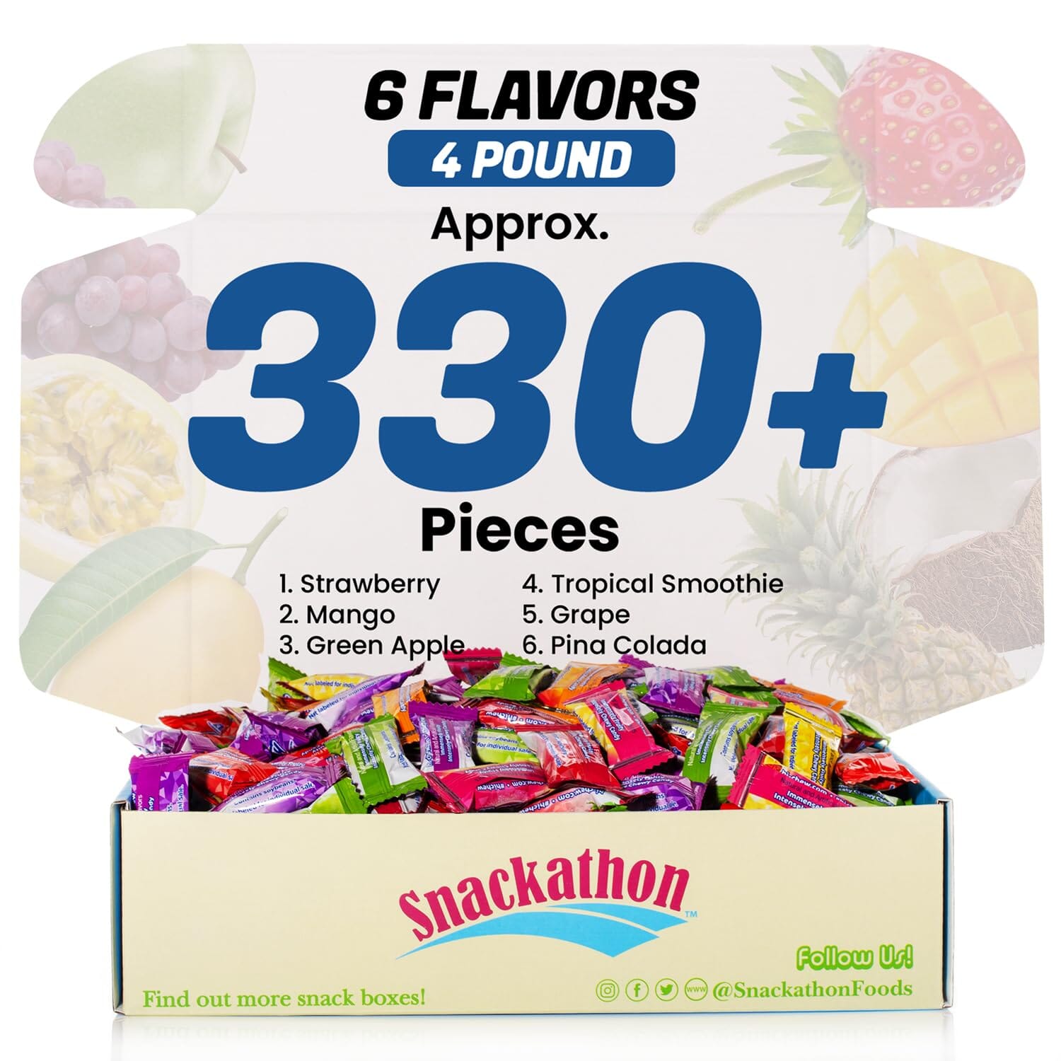 Hi Chew 6 Flavors, Bulk 330+ Pieces, 4 Pound (Hi Chew Fruit Strawberry, Mango, Green Apple, Grape, Tropical Smoothie, Pina Colada)